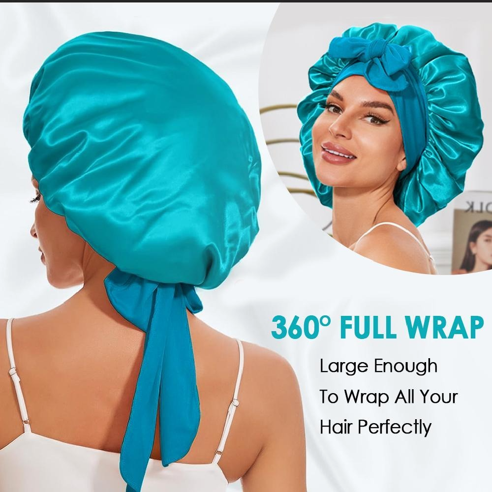 2Pack Bonnet with Tie Band, Satin Silk Bonnet for Sleeping, Sleep Bonnets for Women, Large Sleep Cap for Braids Curly Hair