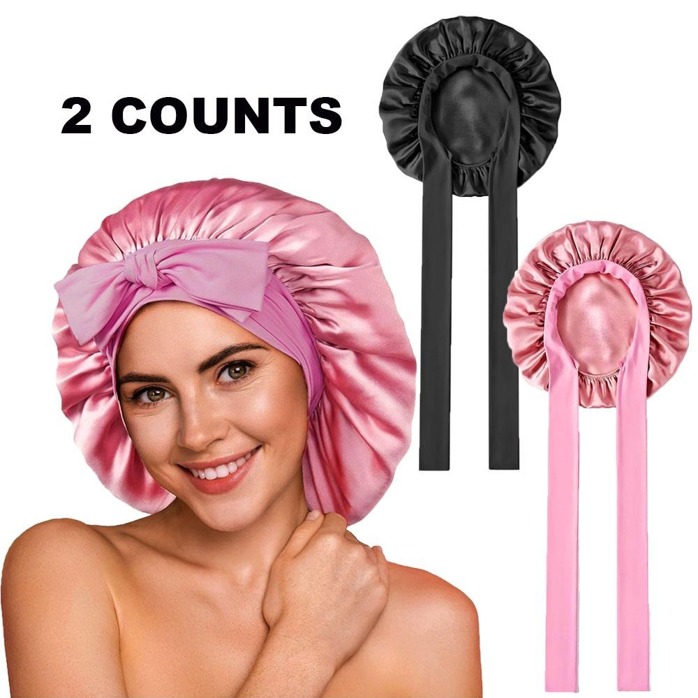 2Pack Bonnet with Tie Band, Satin Silk Bonnet for Sleeping, Sleep Bonnets for Women, Large Sleep Cap for Braids Curly Hair