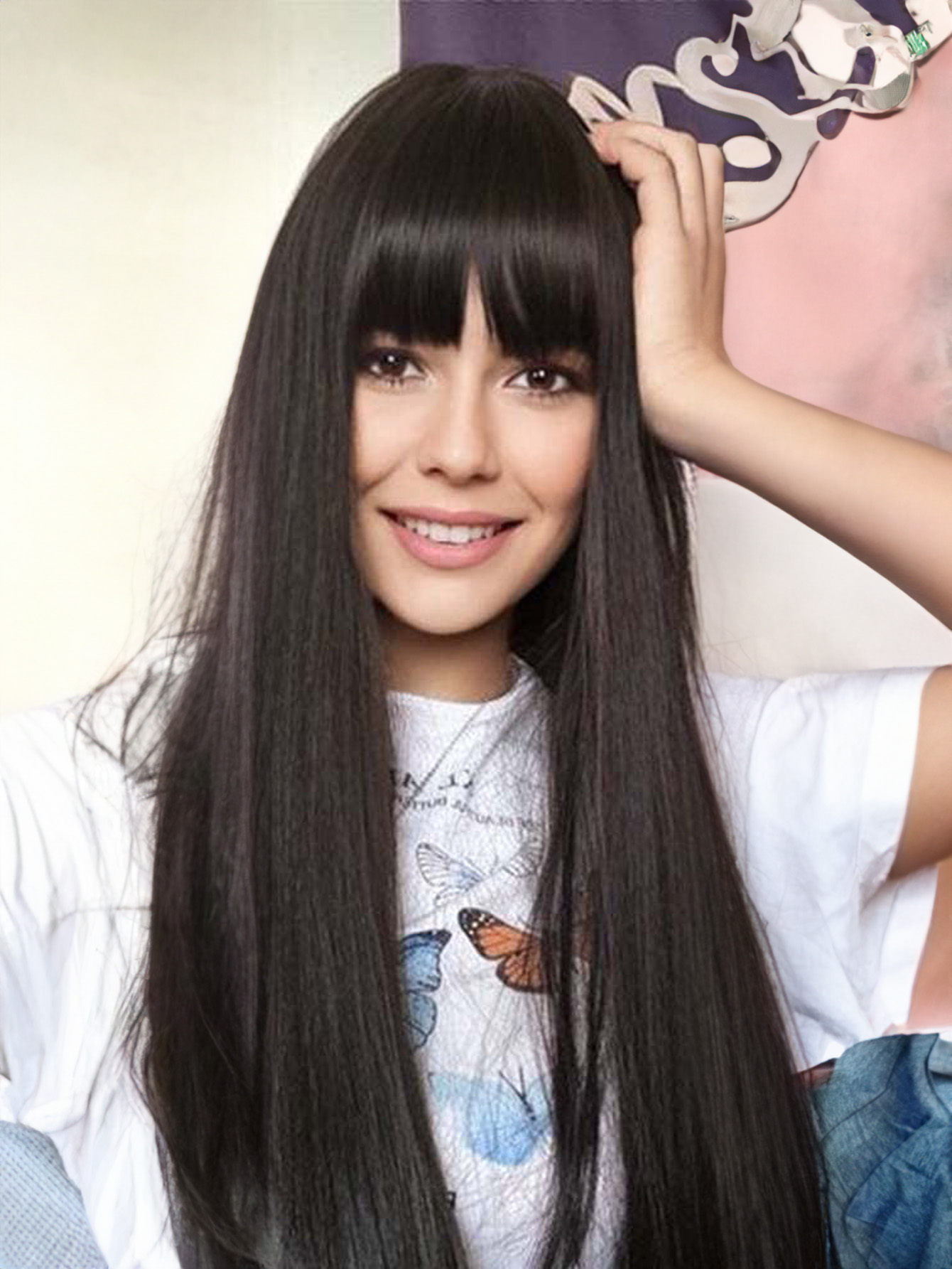 18inch Natural black Wig With Bangs Long Wavy Curly Glueless Fringe Unit Heat Resistant Synthetic Middle Part Full Machine Made No Lace Scalp Wig Costume Cosplay Hair Replacement Wig Girls Daily Use