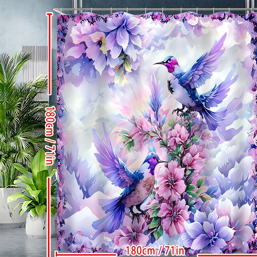 1pc Enchanting Purple Hummingbird Shower Curtain Set with Waterproof Floral Design, 12 Easy-Glide Hooks, for Elegant Bathroom Decor