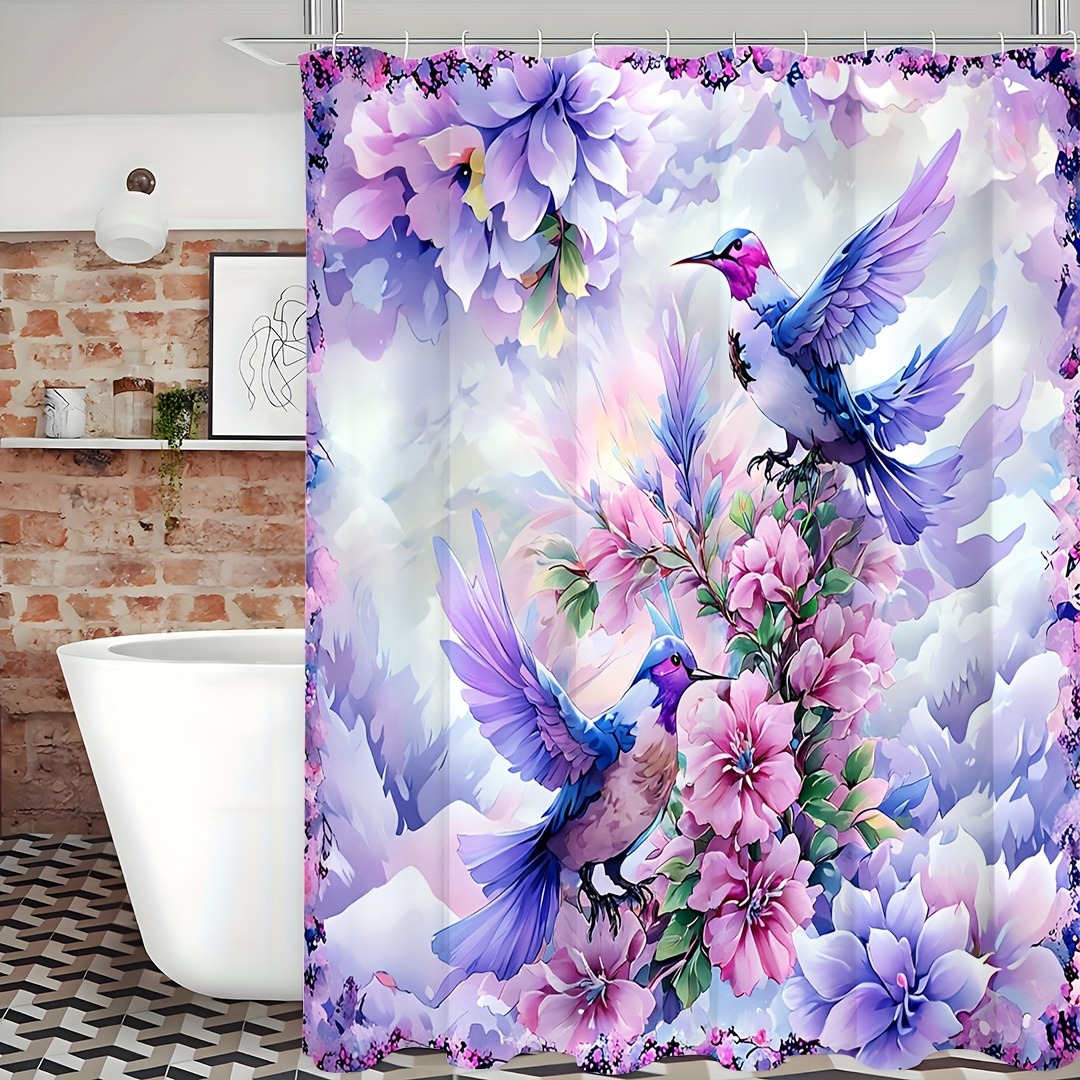 1pc Enchanting Purple Hummingbird Shower Curtain Set with Waterproof Floral Design, 12 Easy-Glide Hooks, for Elegant Bathroom Decor