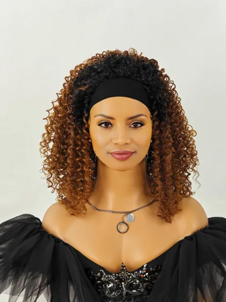 Especially Yours Curly Headband Wig Shoulder-Length Layers of Natural Spiral Curls with Full, Bouncy Volume, Comfy Stretch Band/Runway Shades of Black Headband Kinky Curly Synthetic Hair Wigs For African American Women 16 Inch (Black and brown)