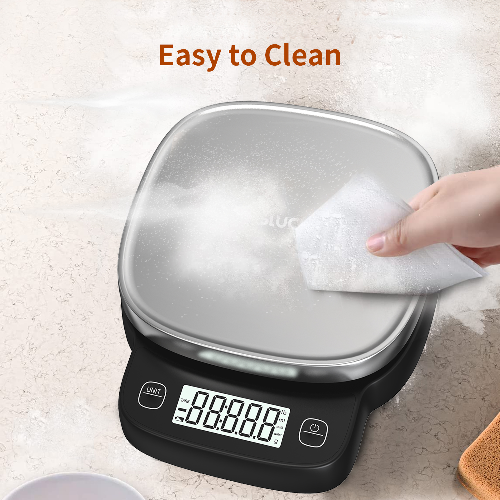 High precision 0.1g digital kitchen scale - 5kg capacity, 304 stainless steel surface, multi-function LCD display, one-click peeling,g/ml(water)/ml(milk)/lb unit conversion, rounded corner design, non-slip foot pad