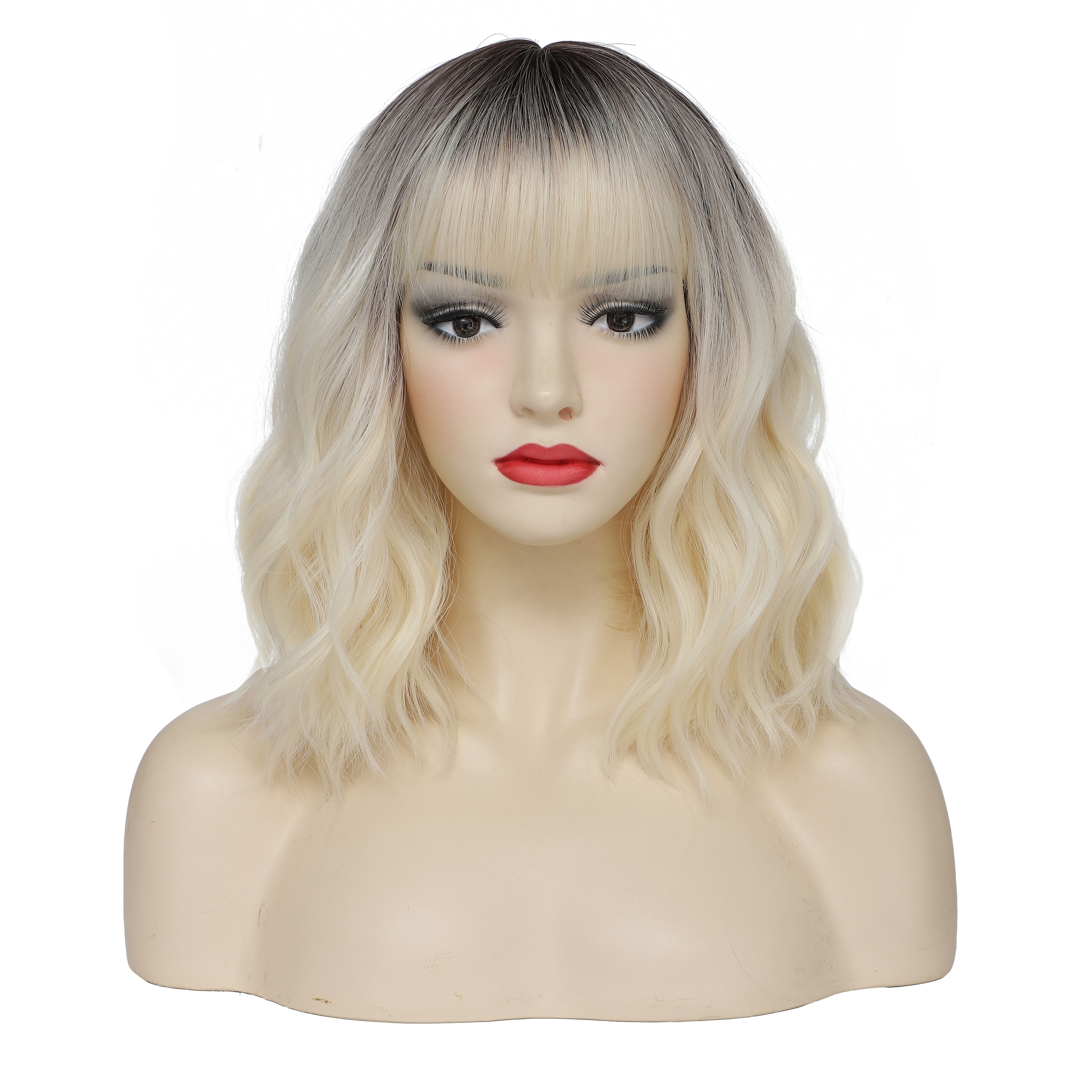 Short Bob Wavy Wig with Bangs for Women Loose Curly Shoulder Length Synthetic Cosplay Wig Bob for Girl Colorful Costume Wigs
