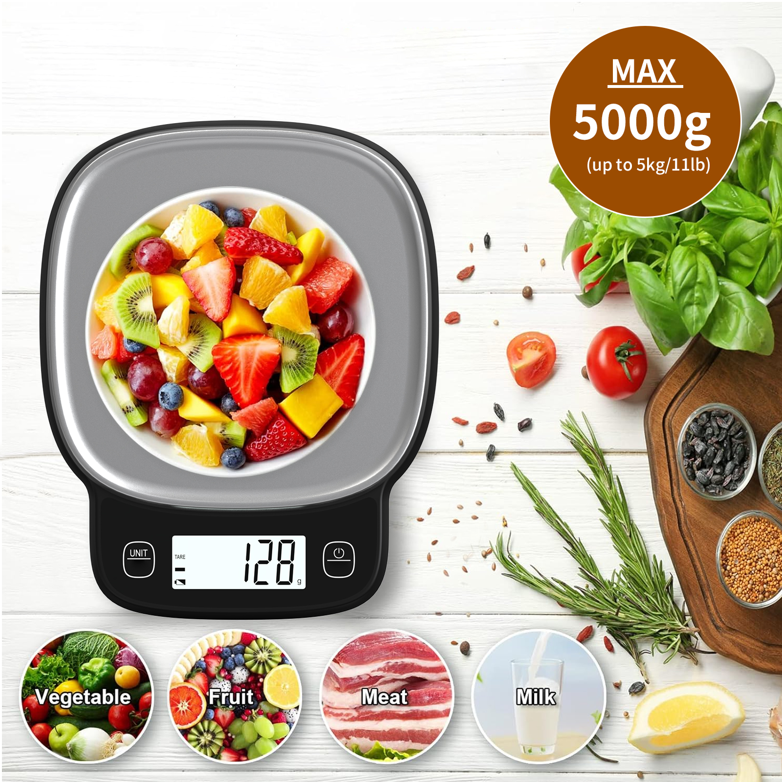High precision 0.1g digital kitchen scale - 5kg capacity, 304 stainless steel surface, multi-function LCD display, one-click peeling,g/ml(water)/ml(milk)/lb unit conversion, rounded corner design, non-slip foot pad