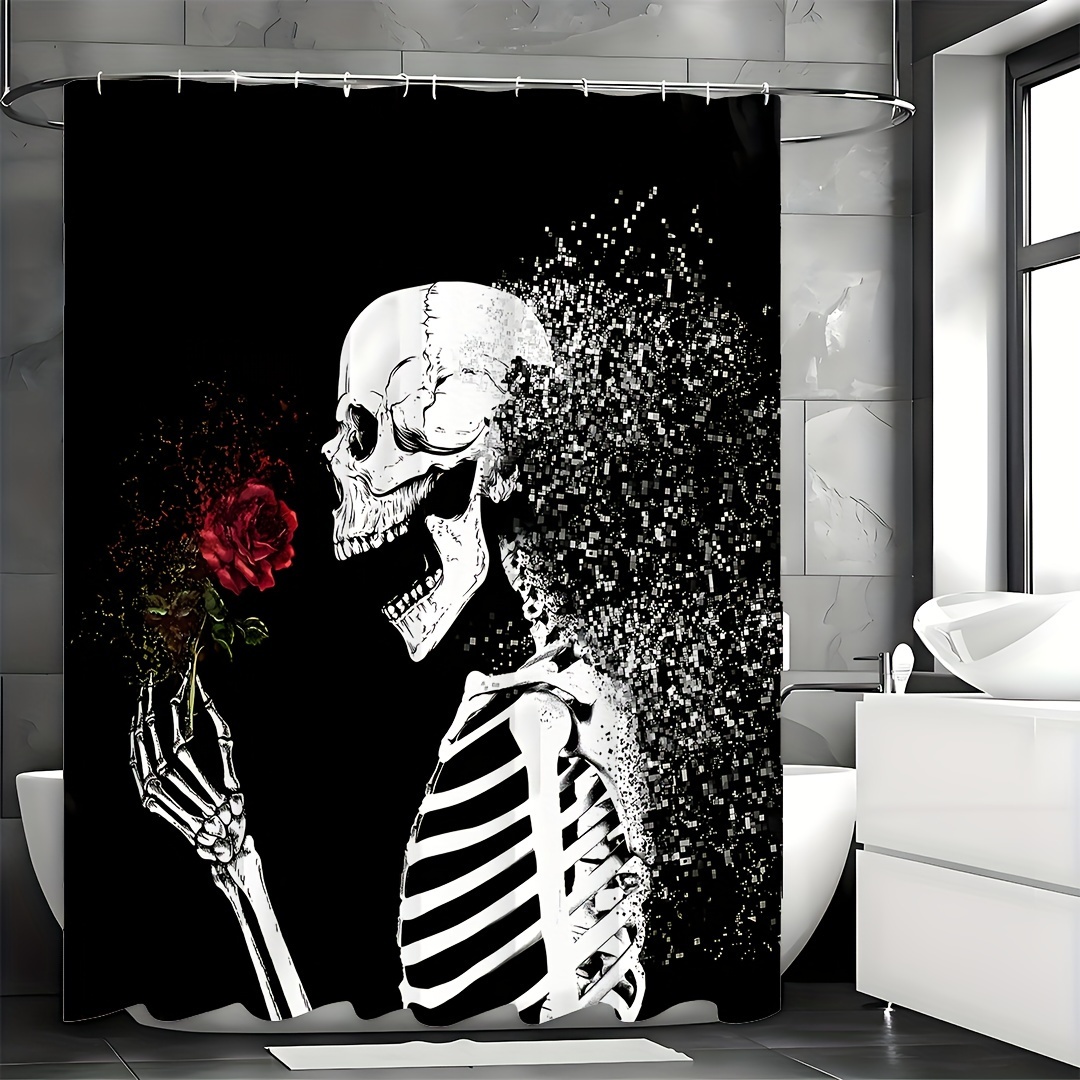 Halloween Skull Floral Skeleton Black Shower Curtain for Bathroom Gothic Goth Spooky Sugar Rock Roll Cool Sugar Funny Hippie Bone Love Scary Magic Waterproof Polyester Fabric