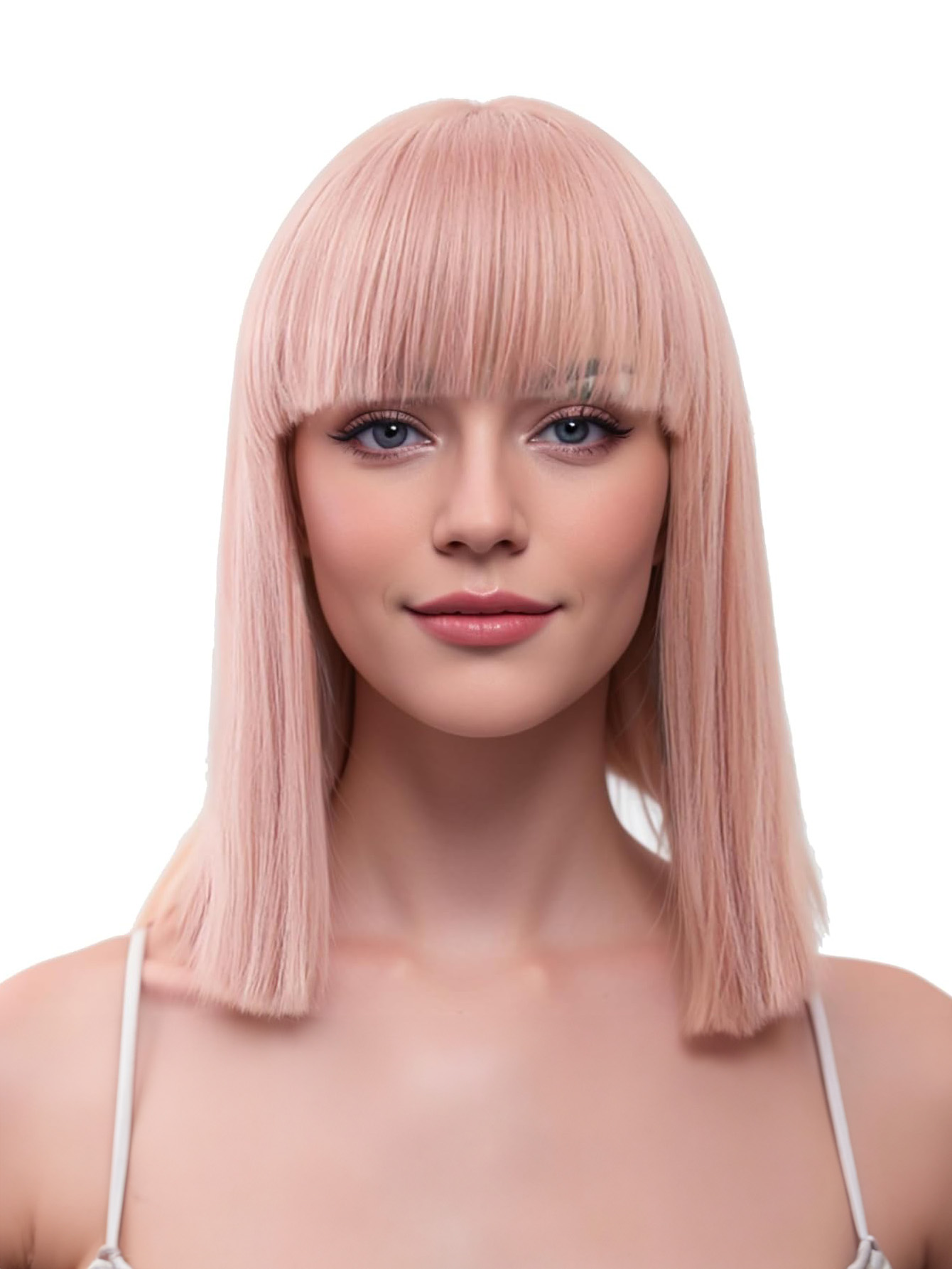 12 Inch Pink Short Bob Wigs With Bangs Light Yaki Straight Hair Blunt Cut Glueless Wigs Realistic Look Daily Costume Wig For Women Synthetic Hair Heat Resistant Hair Wigs