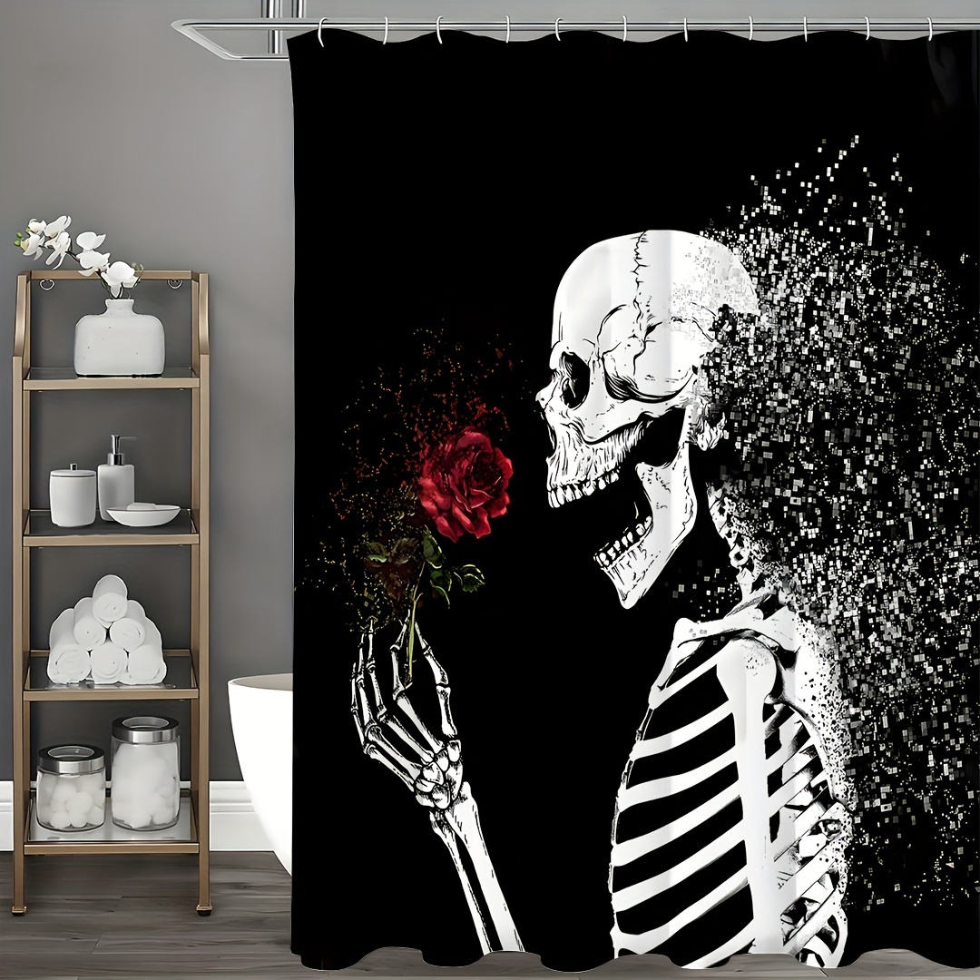 Halloween Skull Floral Skeleton Black Shower Curtain for Bathroom Gothic Goth Spooky Sugar Rock Roll Cool Sugar Funny Hippie Bone Love Scary Magic Waterproof Polyester Fabric
