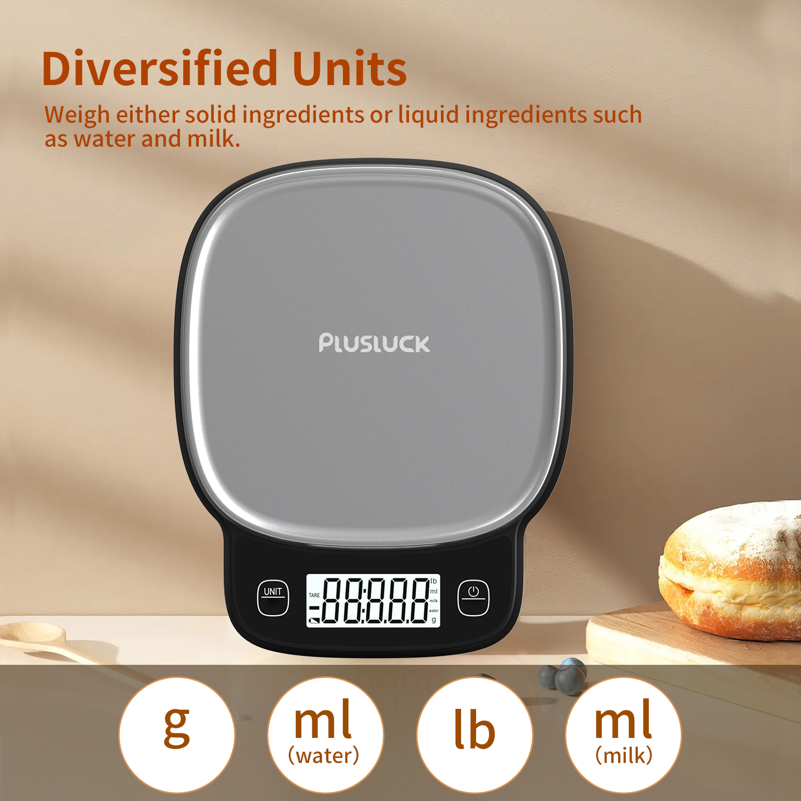 High precision 0.1g digital kitchen scale - 5kg capacity, 304 stainless steel surface, multi-function LCD display, one-click peeling,g/ml(water)/ml(milk)/lb unit conversion, rounded corner design, non-slip foot pad