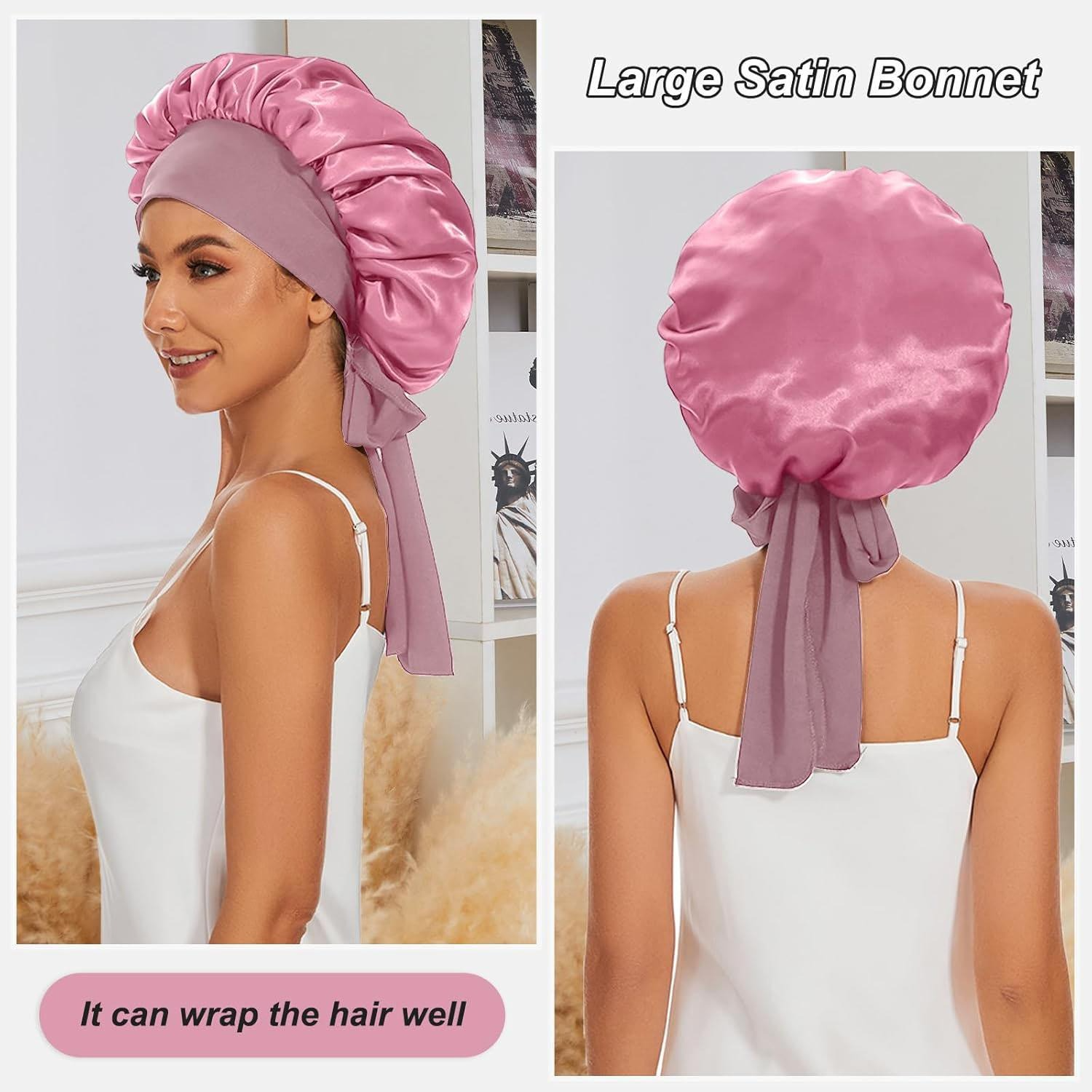 2Pack Bonnet with Tie Band, Satin Silk Bonnet for Sleeping, Sleep Bonnets for Women, Large Sleep Cap for Braids Curly Hair