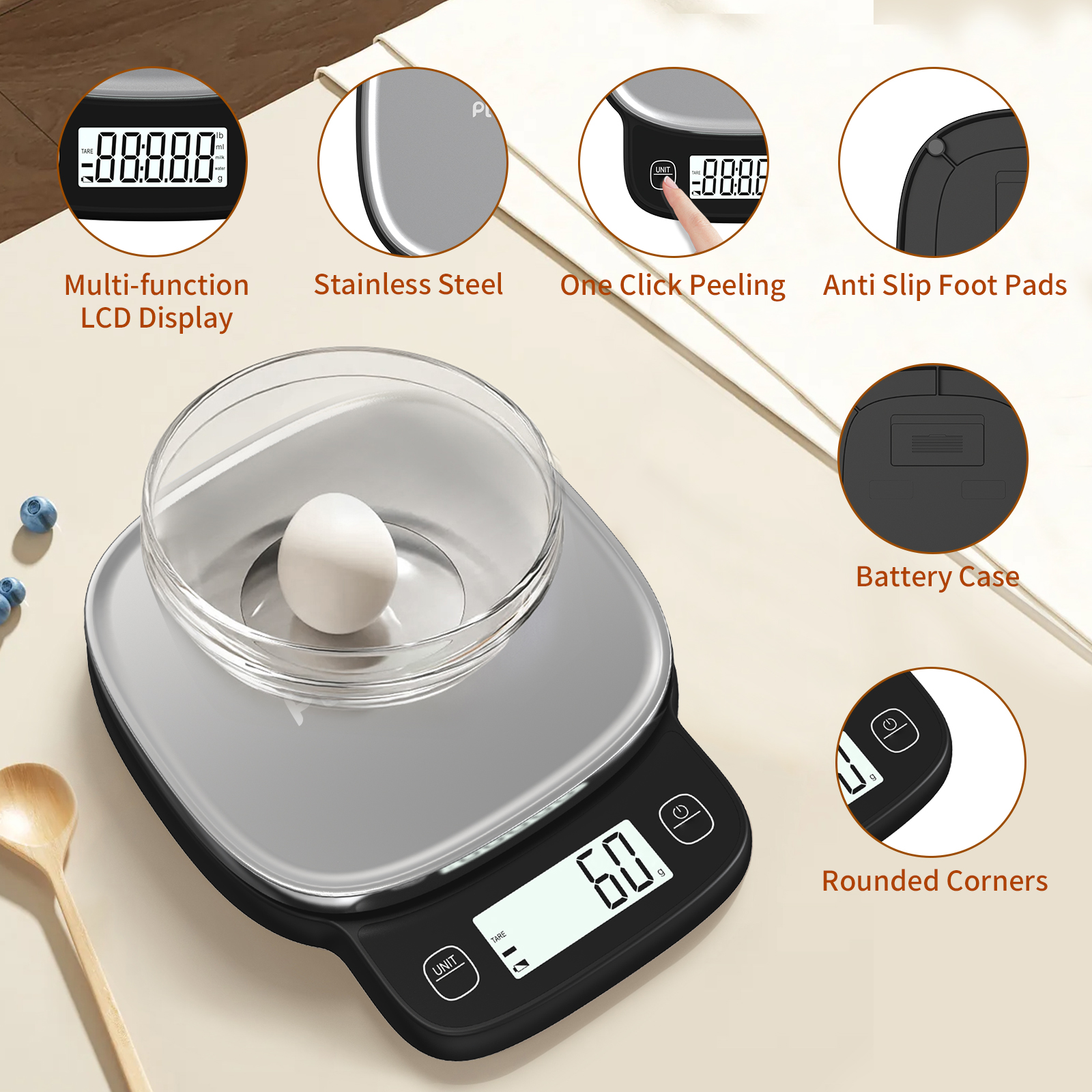 High precision 0.1g digital kitchen scale - 5kg capacity, 304 stainless steel surface, multi-function LCD display, one-click peeling,g/ml(water)/ml(milk)/lb unit conversion, rounded corner design, non-slip foot pad