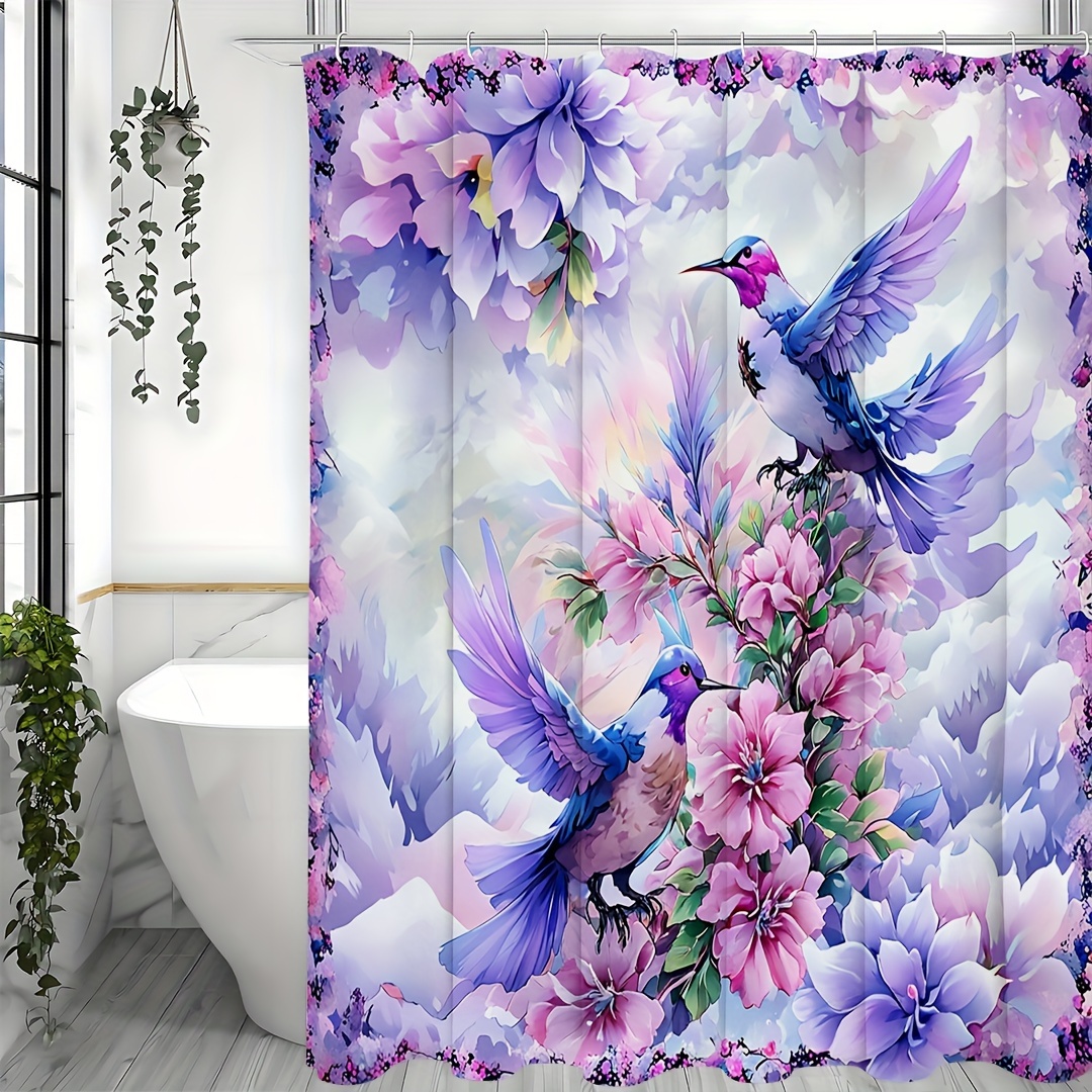 1pc Enchanting Purple Hummingbird Shower Curtain Set with Waterproof Floral Design, 12 Easy-Glide Hooks, for Elegant Bathroom Decor