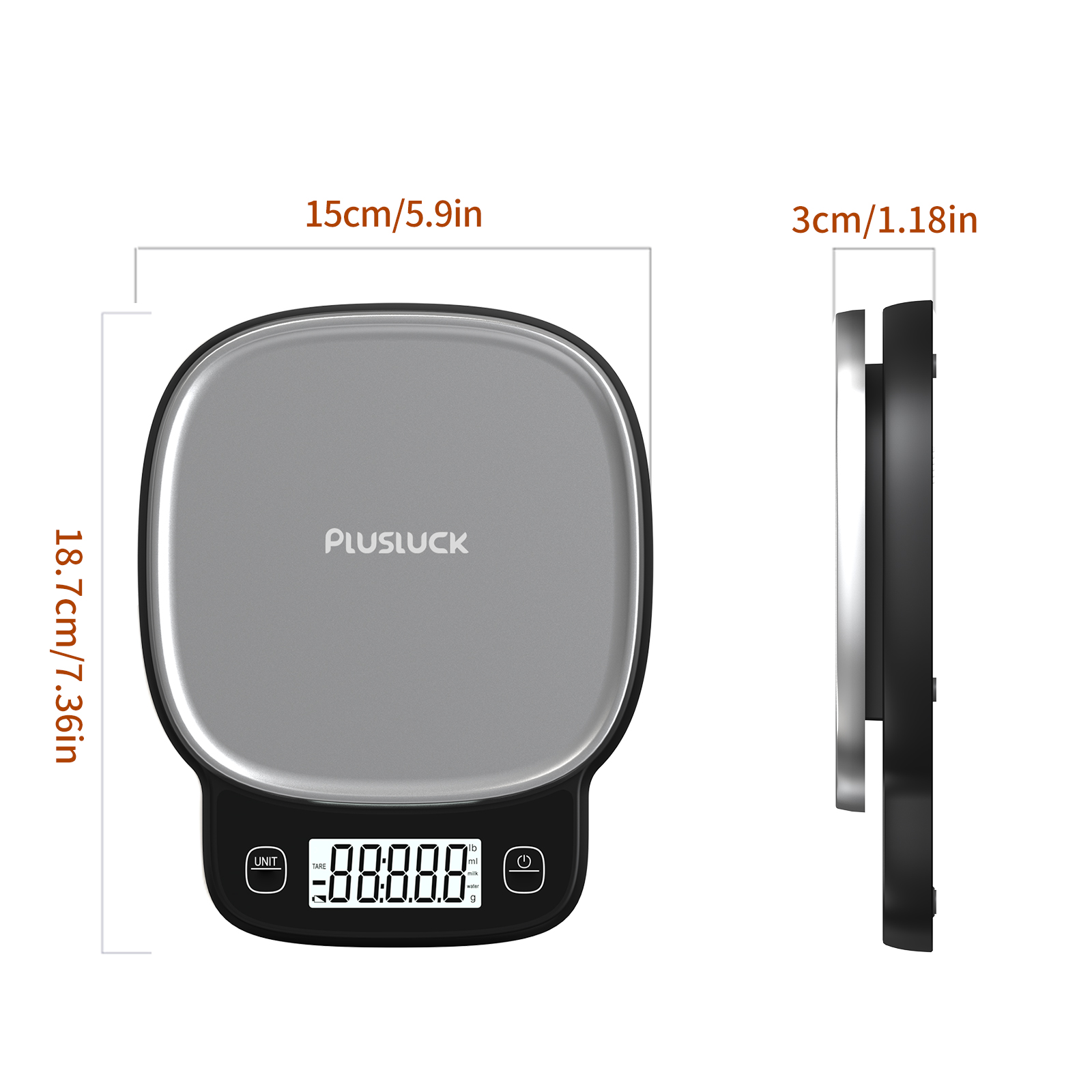 High precision 0.1g digital kitchen scale - 5kg capacity, 304 stainless steel surface, multi-function LCD display, one-click peeling,g/ml(water)/ml(milk)/lb unit conversion, rounded corner design, non-slip foot pad
