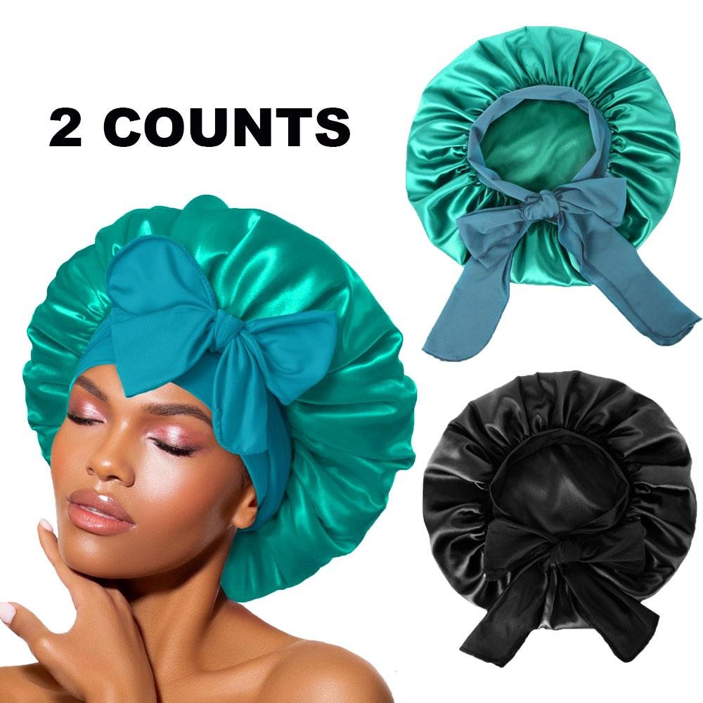 2Pack Bonnet with Tie Band, Satin Silk Bonnet for Sleeping, Sleep Bonnets for Women, Large Sleep Cap for Braids Curly Hair
