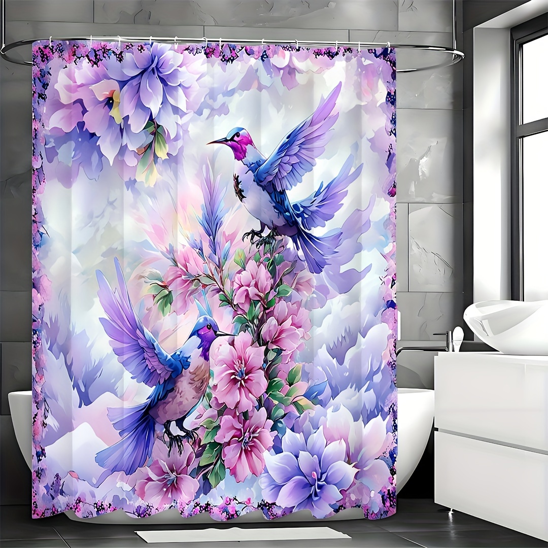1pc Enchanting Purple Hummingbird Shower Curtain Set with Waterproof Floral Design, 12 Easy-Glide Hooks, for Elegant Bathroom Decor