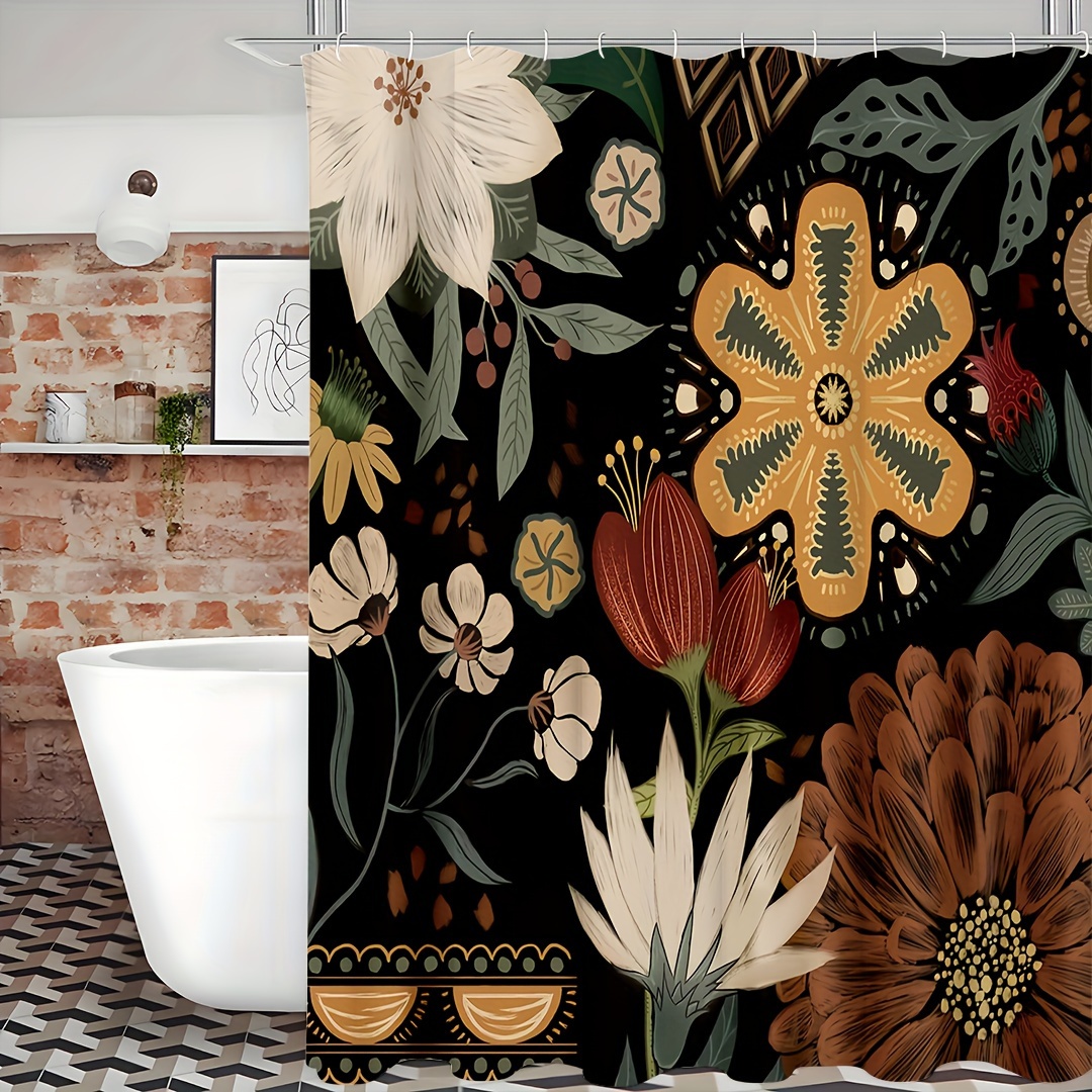 1pc Boho Floral Shower Curtain, Colorful Bohemian Bathroom Curtain With Plastic Hooks, Modern Abstract Colorful Flower Shower Curtain For Chic Elegant Bathroom Decor