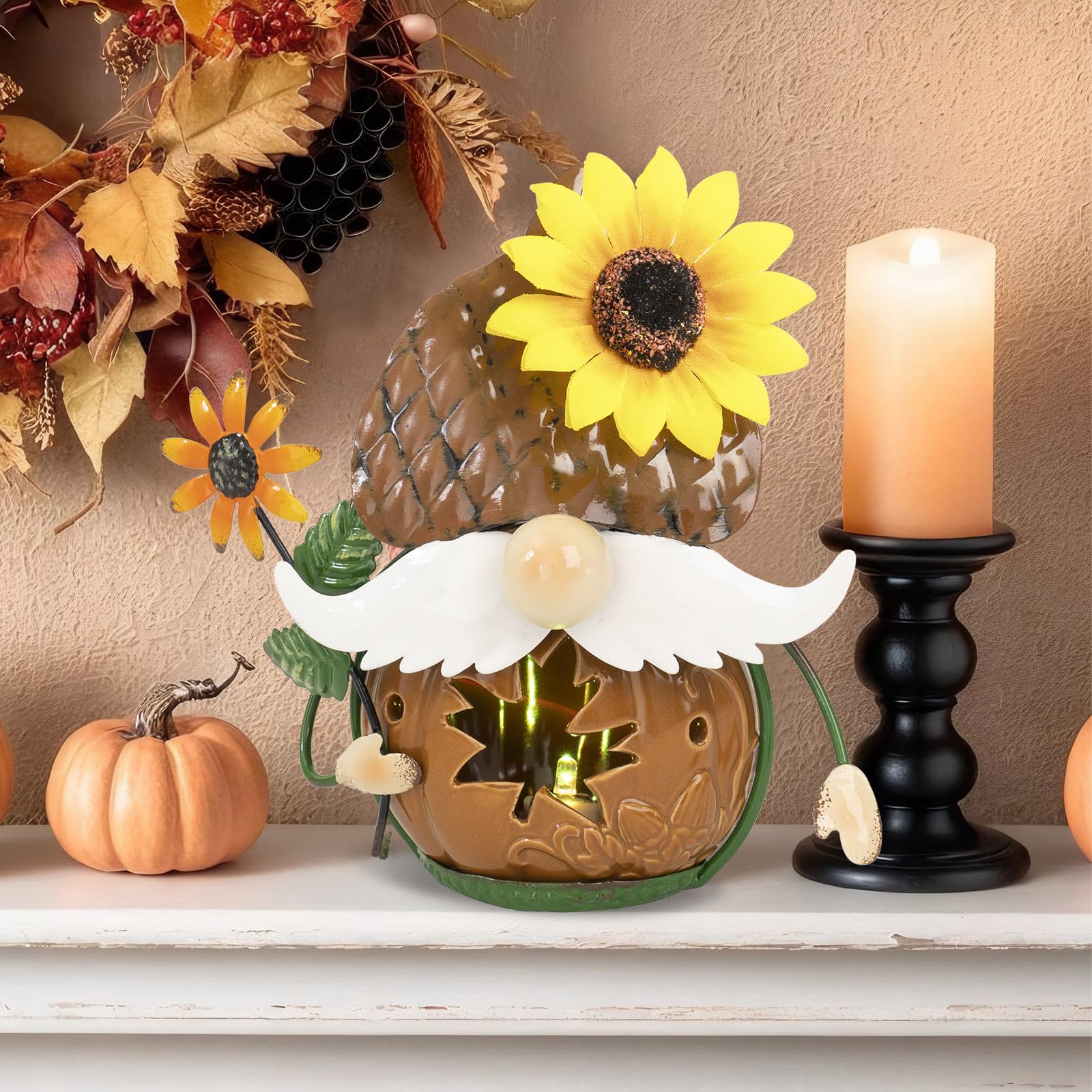 Bechivie Fall Gnomes Decorations for Home, 6.7x6.2 Inchs Metal Ceramics Light Up Autumn Figurines, Indoor Table Centerpieces Shelf Mantle House Decor