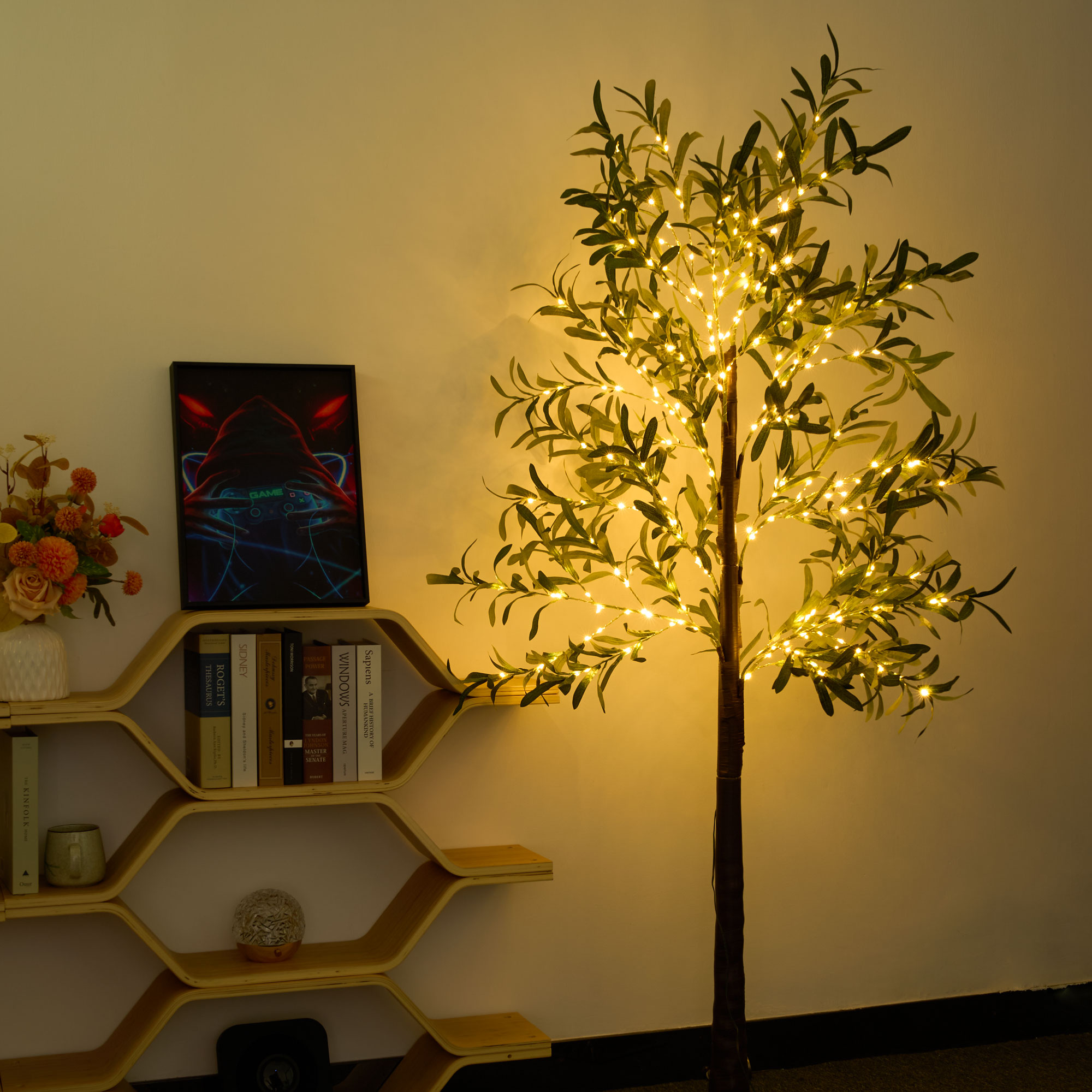 5.9ft Lighted Artificial Olive Tree with LED Fairy Lights Olive Fruit Faux Plant Tree for Decor Inside and Outside Home Patio Wedding Festival Christmas Decoration