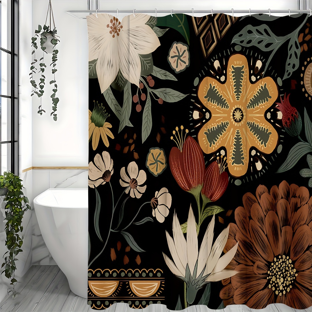 1pc Boho Floral Shower Curtain, Colorful Bohemian Bathroom Curtain With Plastic Hooks, Modern Abstract Colorful Flower Shower Curtain For Chic Elegant Bathroom Decor