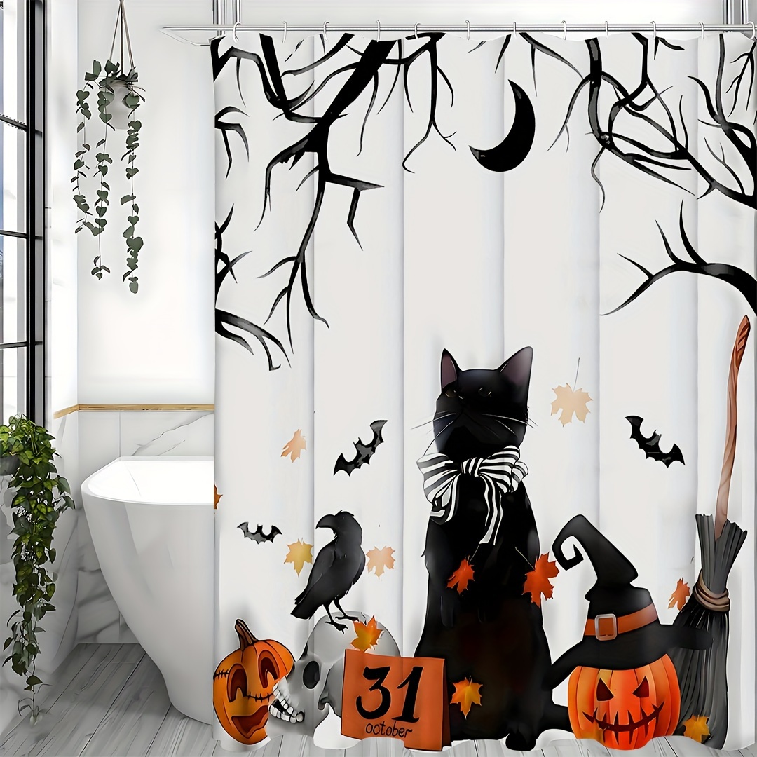 Spooky Halloween Shower Curtain Set - Vibrant Printed Design,12 Hooks - 1Pcs, Pumpkin Lantern, Black Cat, Crow Skull, Broom, Bat, Dead Branch Design