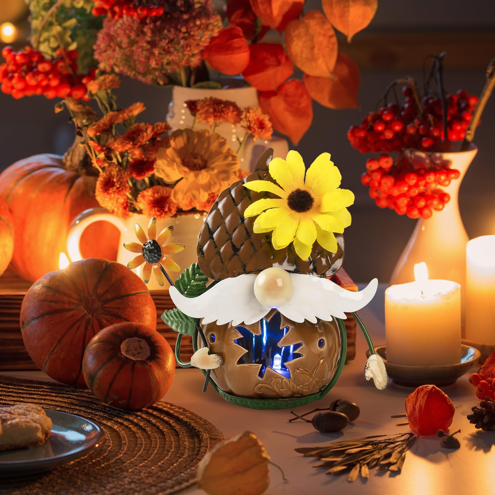Bechivie Fall Gnomes Decorations for Home, 6.7x6.2 Inchs Metal Ceramics Light Up Autumn Figurines, Indoor Table Centerpieces Shelf Mantle House Decor