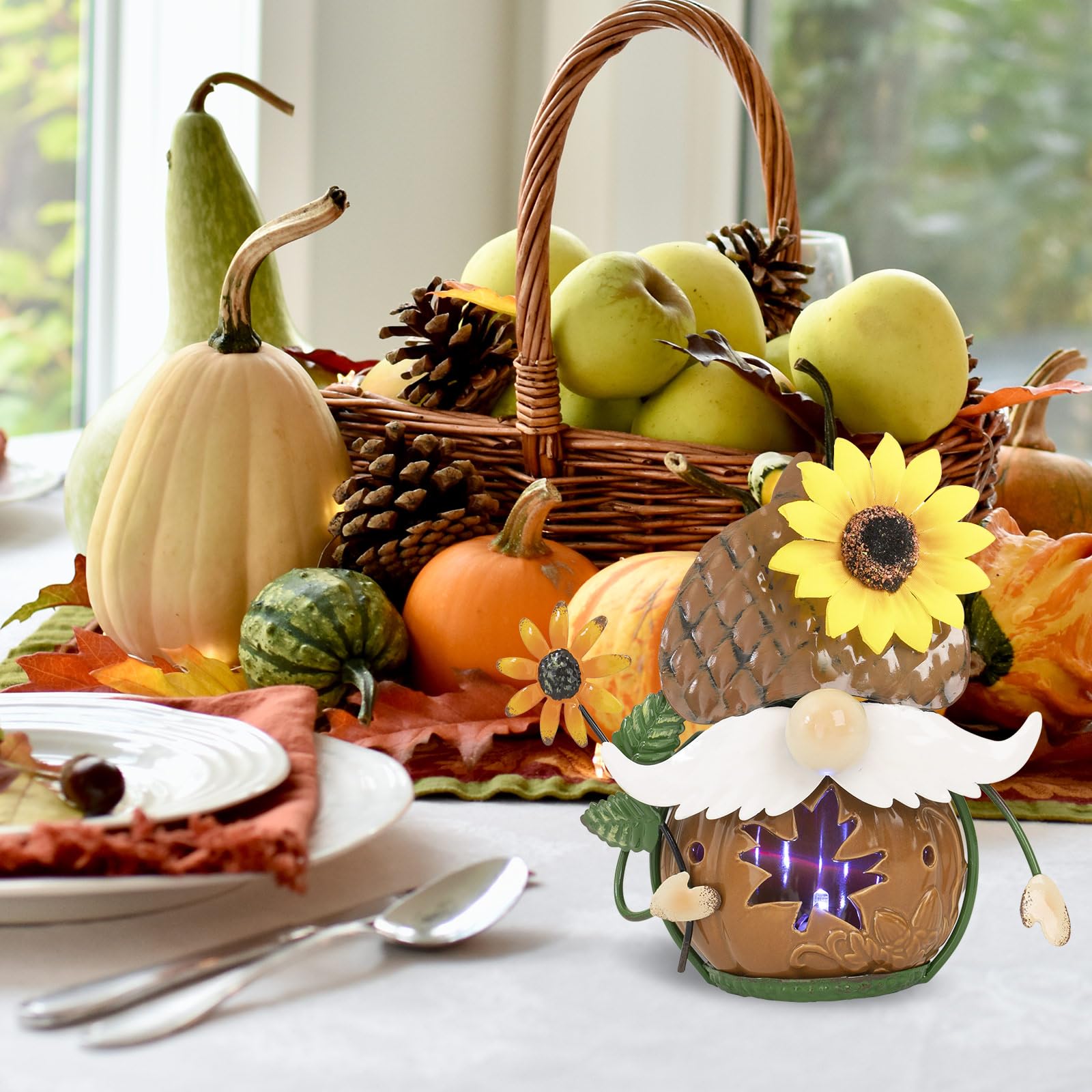 Bechivie Fall Gnomes Decorations for Home, 6.7x6.2 Inchs Metal Ceramics Light Up Autumn Figurines, Indoor Table Centerpieces Shelf Mantle House Decor