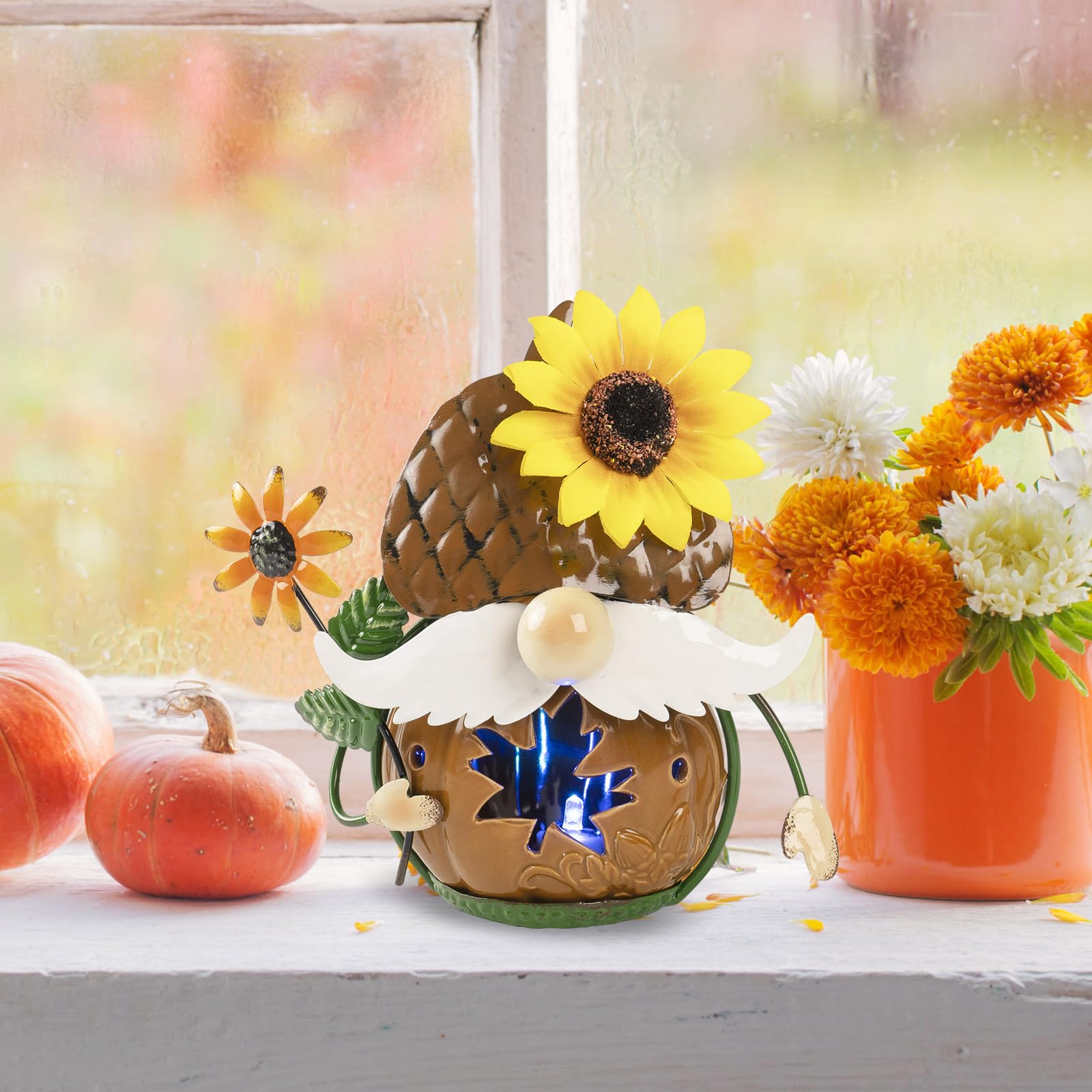 Bechivie Fall Gnomes Decorations for Home, 6.7x6.2 Inchs Metal Ceramics Light Up Autumn Figurines, Indoor Table Centerpieces Shelf Mantle House Decor