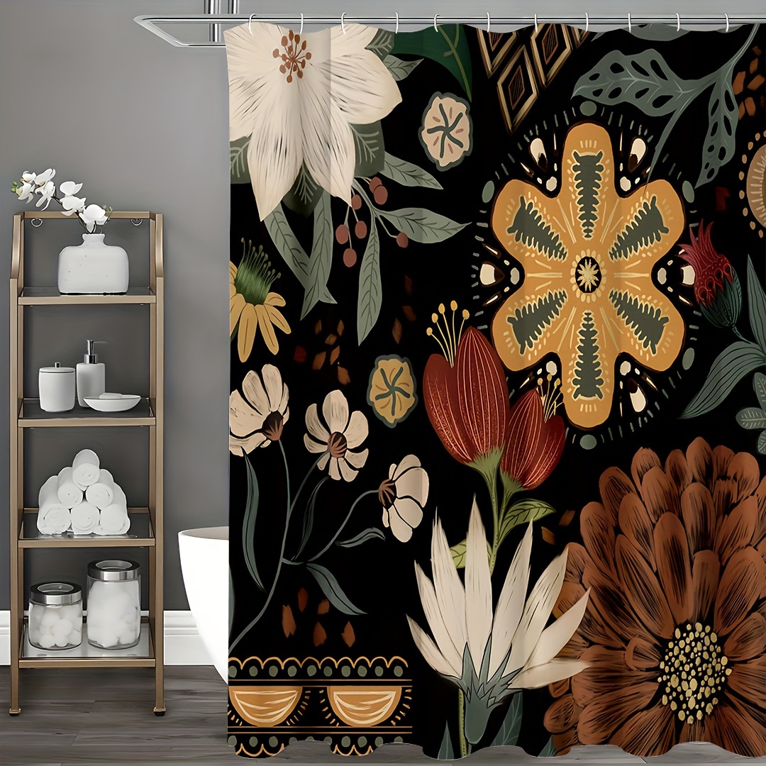 1pc Boho Floral Shower Curtain, Colorful Bohemian Bathroom Curtain With Plastic Hooks, Modern Abstract Colorful Flower Shower Curtain For Chic Elegant Bathroom Decor