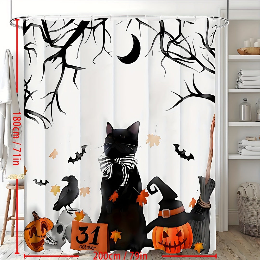 Spooky Halloween Shower Curtain Set - Vibrant Printed Design,12 Hooks - 1Pcs, Pumpkin Lantern, Black Cat, Crow Skull, Broom, Bat, Dead Branch Design
