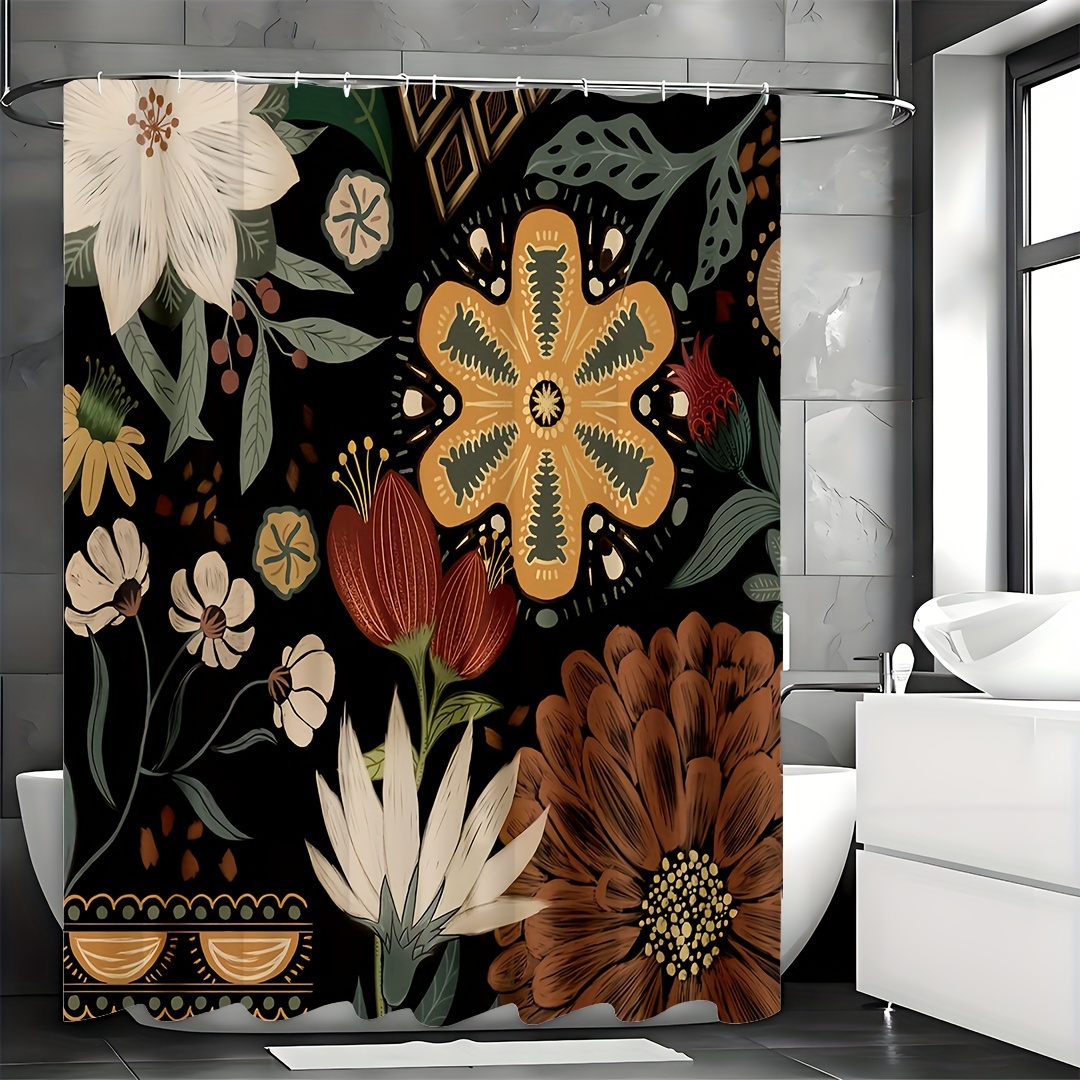 1pc Boho Floral Shower Curtain, Colorful Bohemian Bathroom Curtain With Plastic Hooks, Modern Abstract Colorful Flower Shower Curtain For Chic Elegant Bathroom Decor