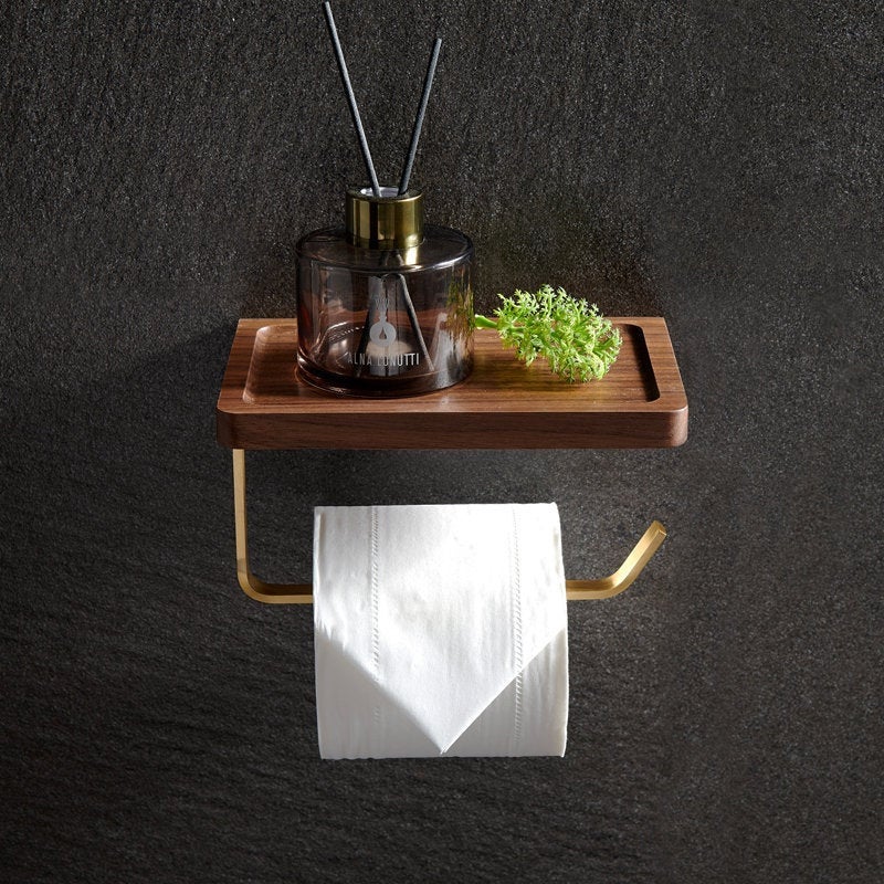 Kissena Modern Brass Toilet Paper Holder with Wooden Shelf