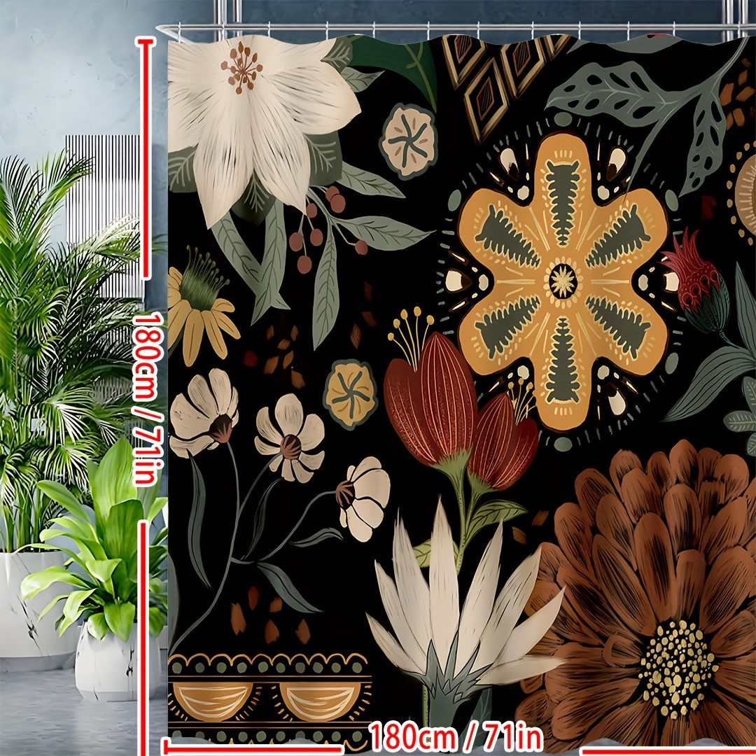 1pc Boho Floral Shower Curtain, Colorful Bohemian Bathroom Curtain With Plastic Hooks, Modern Abstract Colorful Flower Shower Curtain For Chic Elegant Bathroom Decor