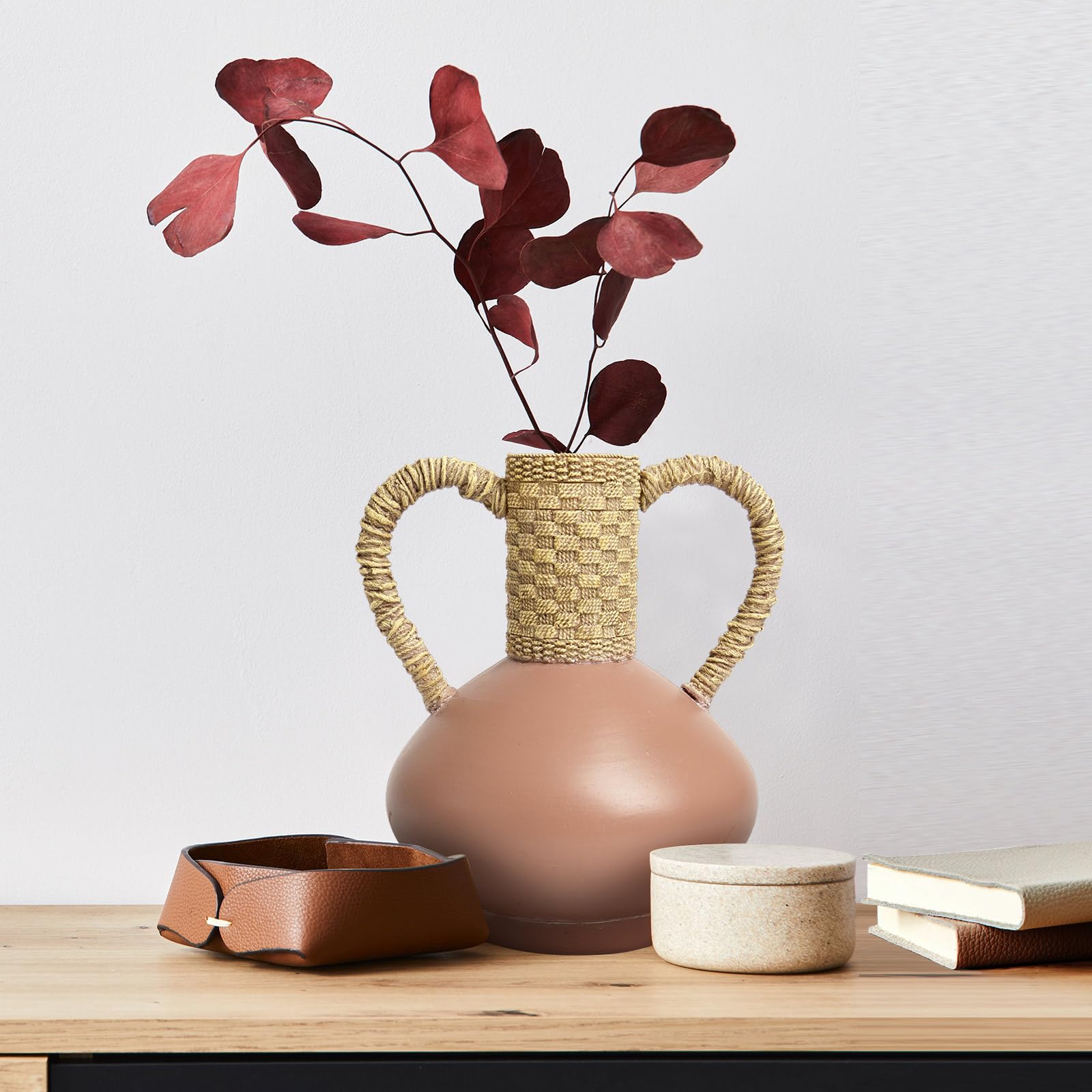 Terracotta Vase Decor with 2 Handles, Rustic Farmhouse Ceramic Flower Vase, Vintage Decorative Pottery Vase for Home Dining Table,Living Room,Shelf,Mantel,Kitchen,Office