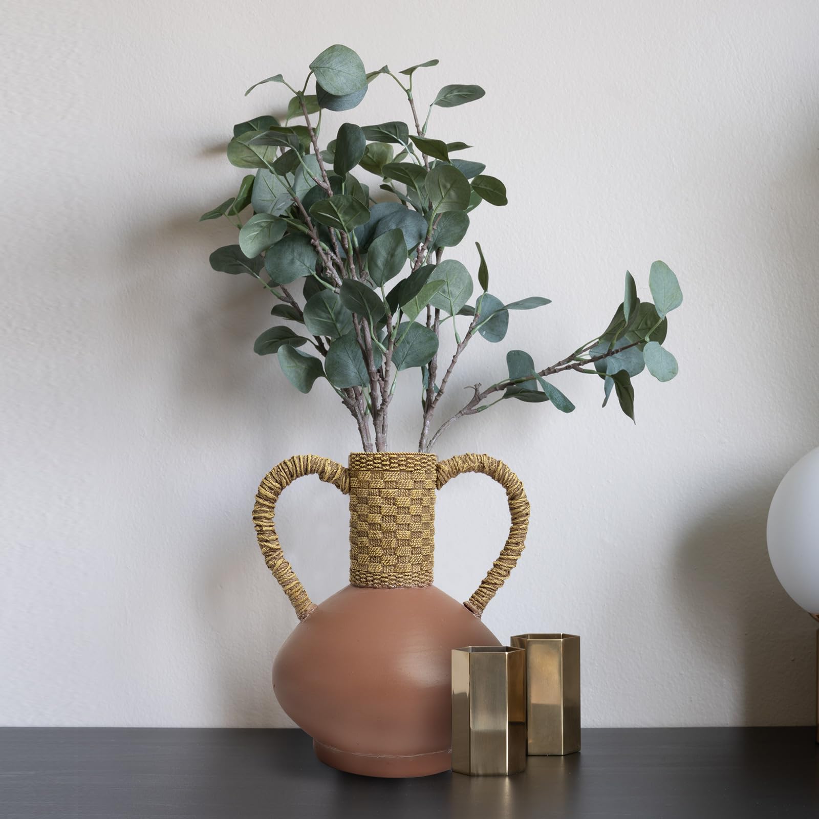 Terracotta Vase Decor with 2 Handles, Rustic Farmhouse Ceramic Flower Vase, Vintage Decorative Pottery Vase for Home Dining Table,Living Room,Shelf,Mantel,Kitchen,Office