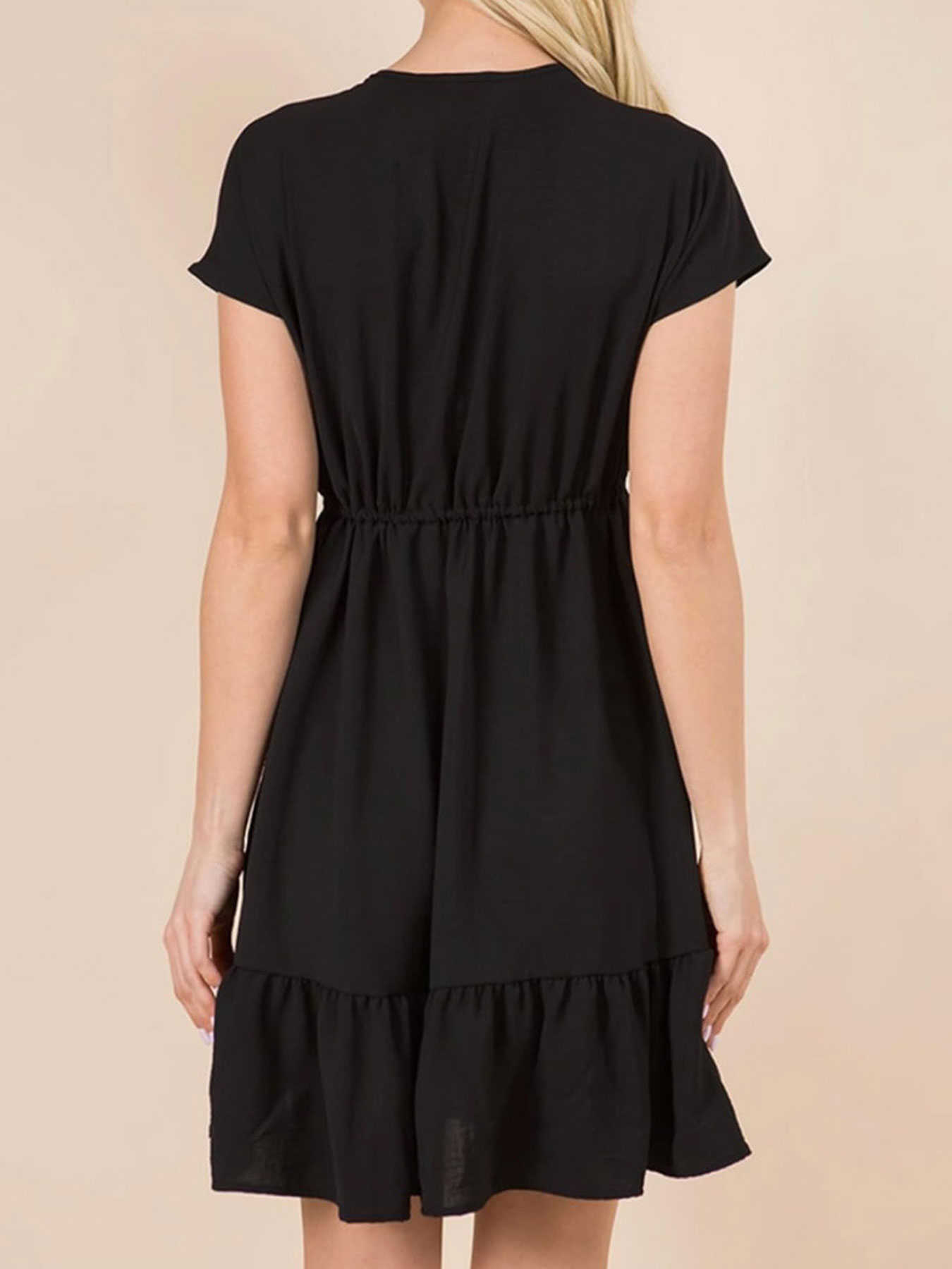 TK077 V-neck Ruched Ruffle Hem Dress, Elegant Short Sleeve Loose Solid Color Dress For Spring & Summer, Women's Clothing