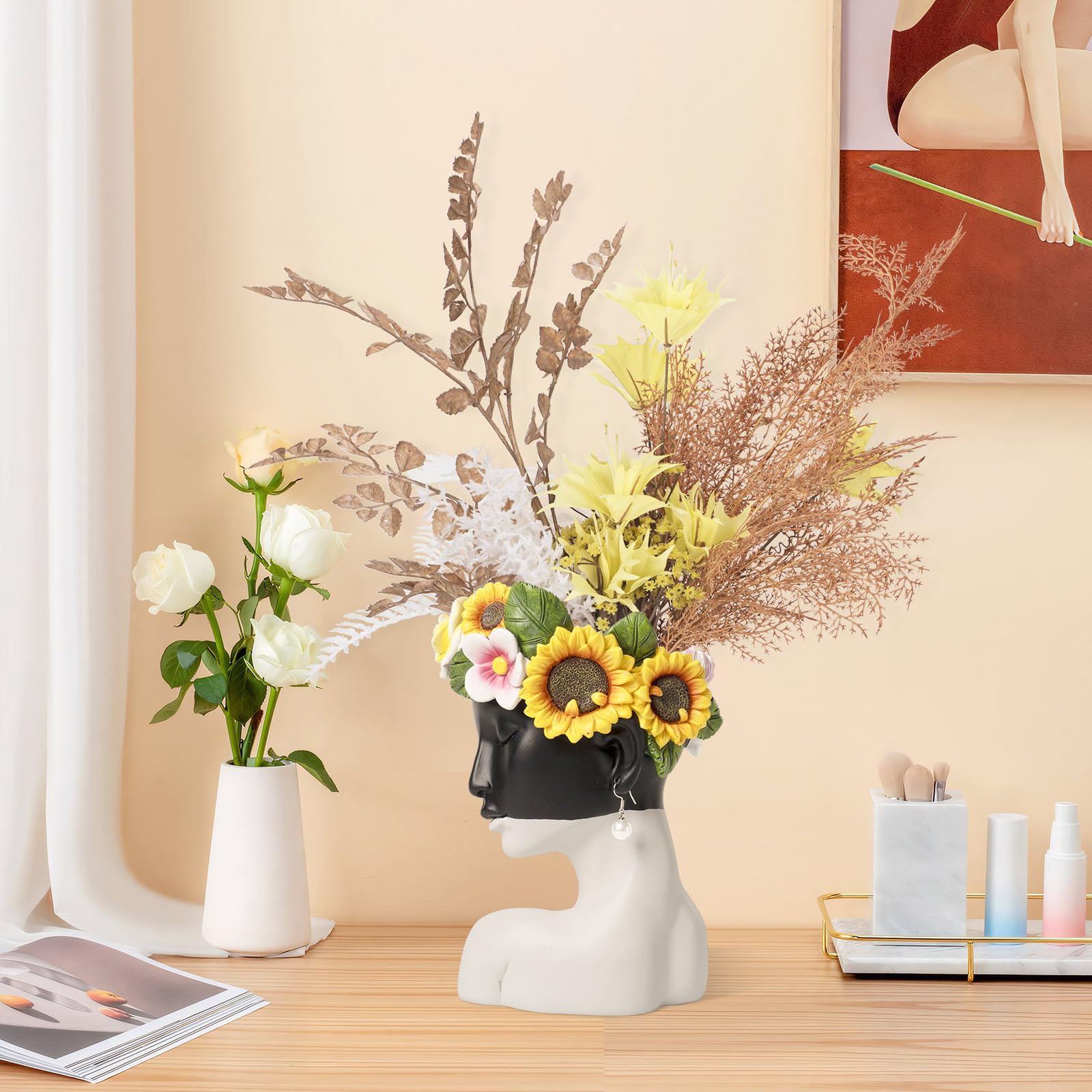 8In Face Vase for Flowers, Unique Female Head Vase for Bookshelf, Resin White Modern Decorative Bust Vase Home Table Mantel Office Decor Aesthetic