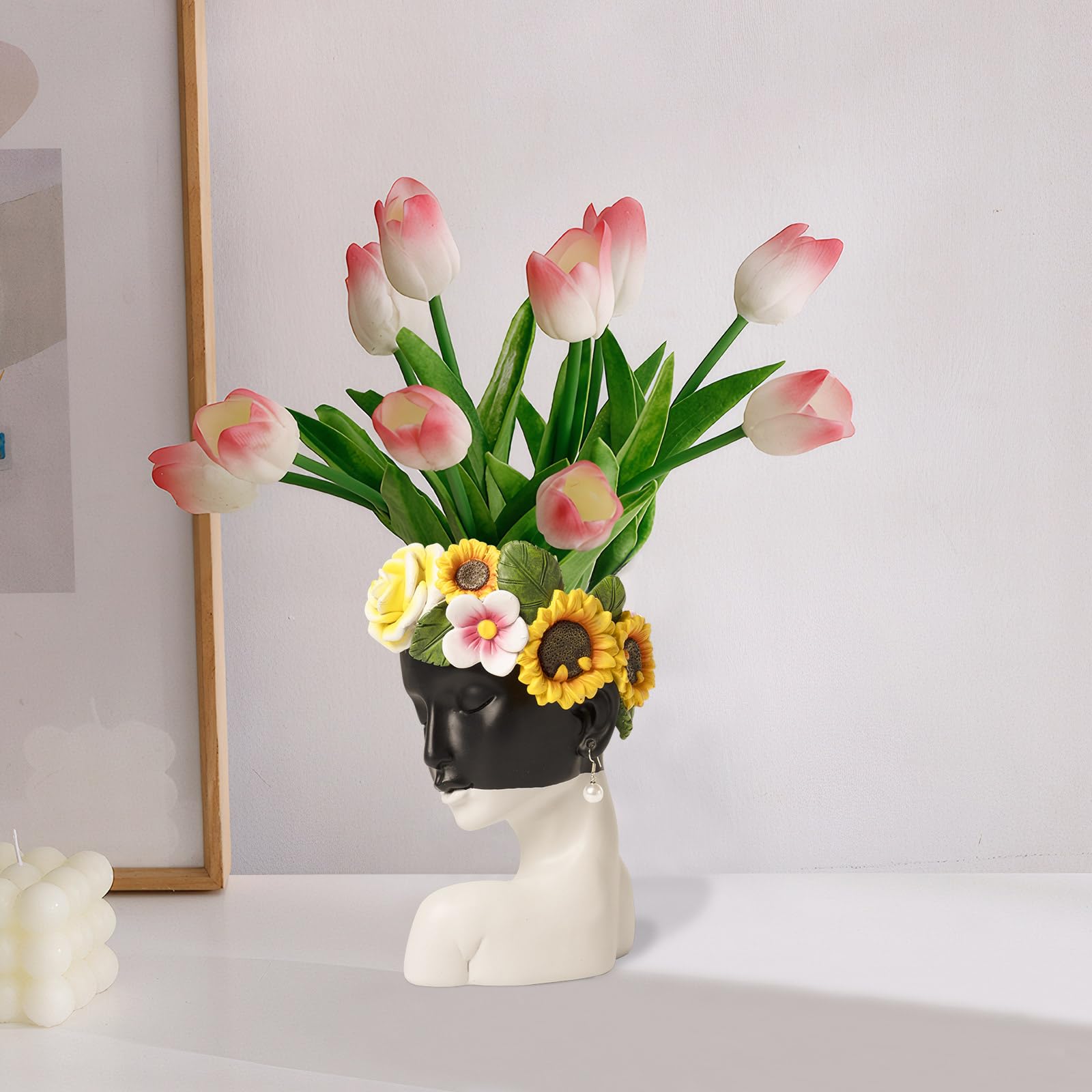 8In Face Vase for Flowers, Unique Female Head Vase for Bookshelf, Resin White Modern Decorative Bust Vase Home Table Mantel Office Decor Aesthetic