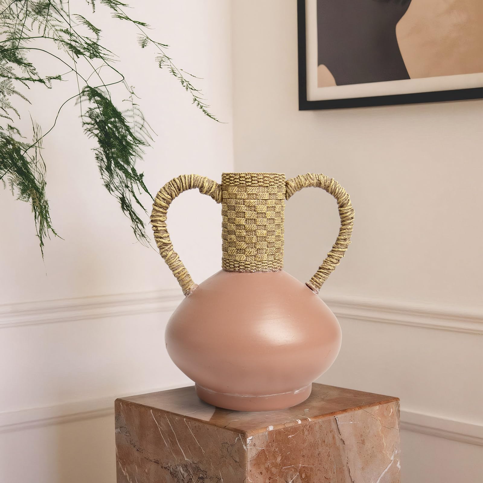 Terracotta Vase Decor with 2 Handles, Rustic Farmhouse Ceramic Flower Vase, Vintage Decorative Pottery Vase for Home Dining Table,Living Room,Shelf,Mantel,Kitchen,Office