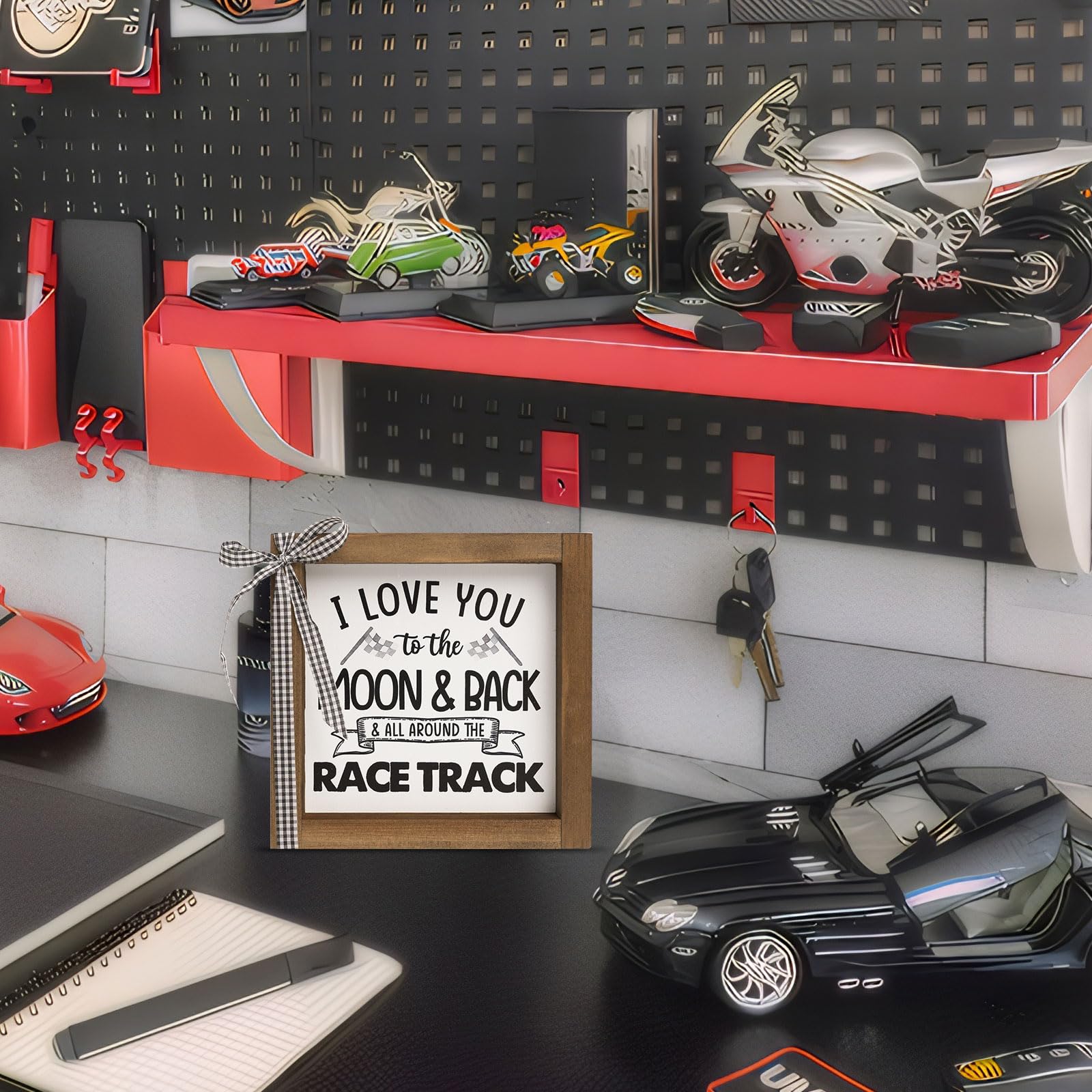 Car Themed Room Wall Decor, I Love You To The Moon And Back And All Around The Race Track Sign, Wood Boys Bedroom Decor for Home Table Shelf