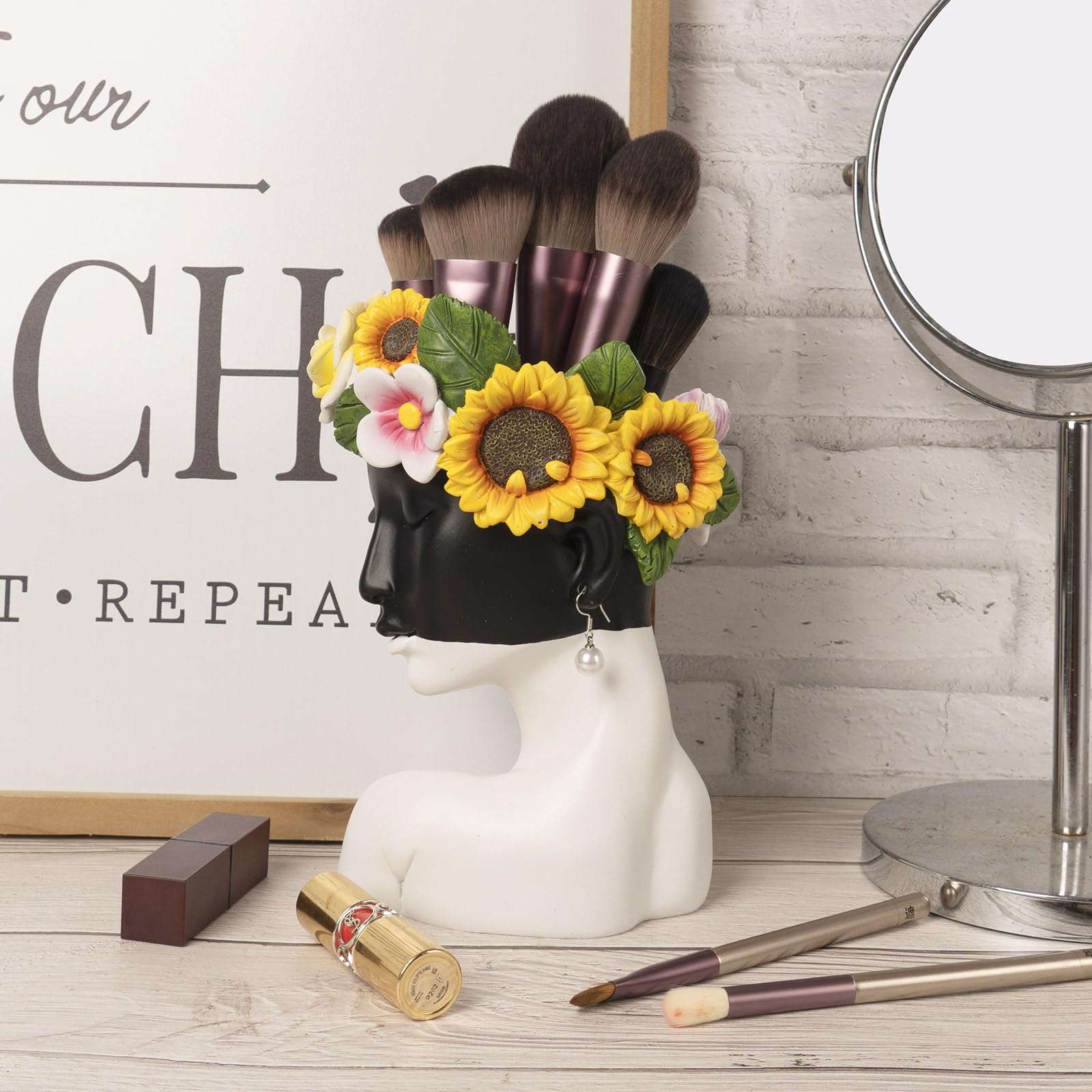 8In Face Vase for Flowers, Unique Female Head Vase for Bookshelf, Resin White Modern Decorative Bust Vase Home Table Mantel Office Decor Aesthetic