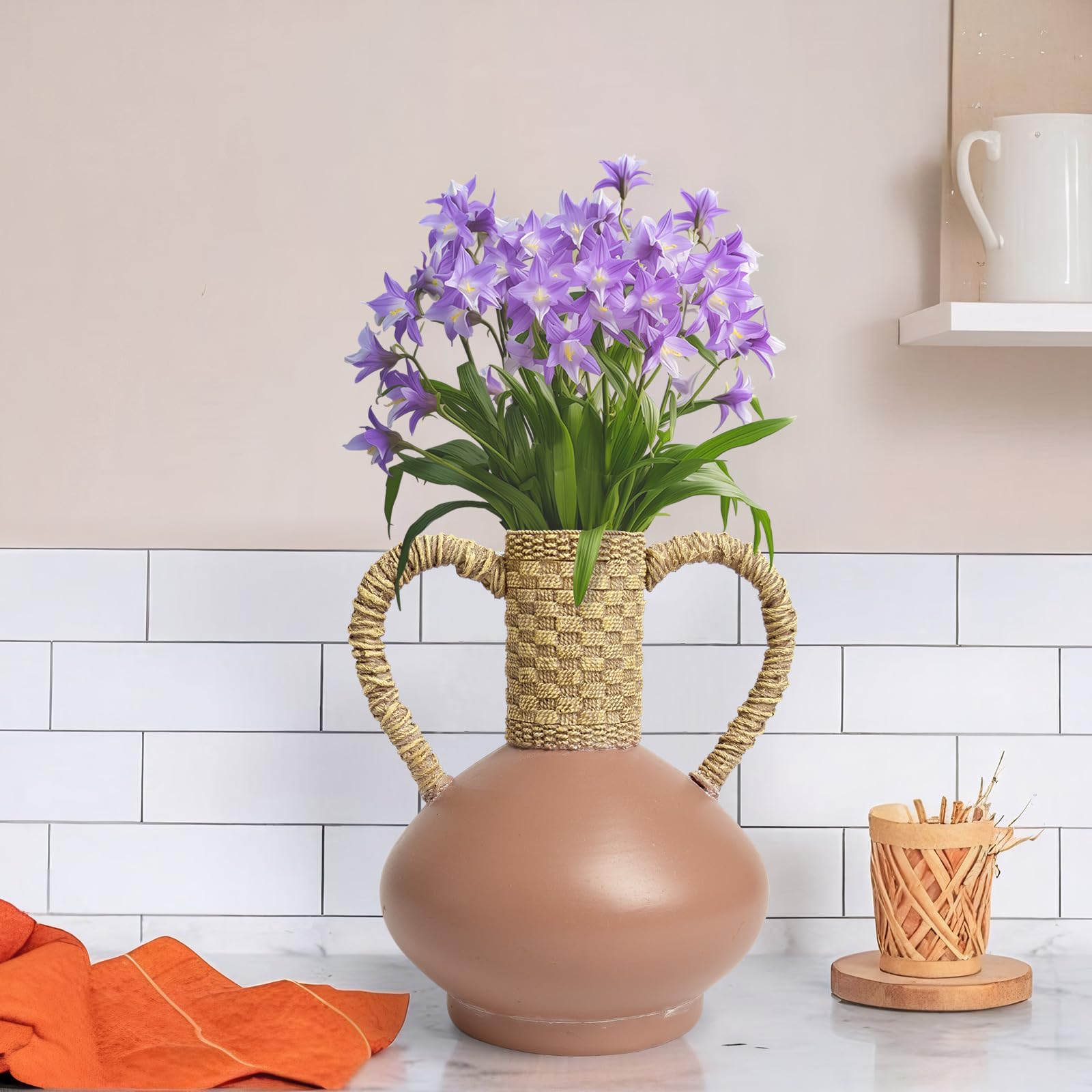 Terracotta Vase Decor with 2 Handles, Rustic Farmhouse Ceramic Flower Vase, Vintage Decorative Pottery Vase for Home Dining Table,Living Room,Shelf,Mantel,Kitchen,Office