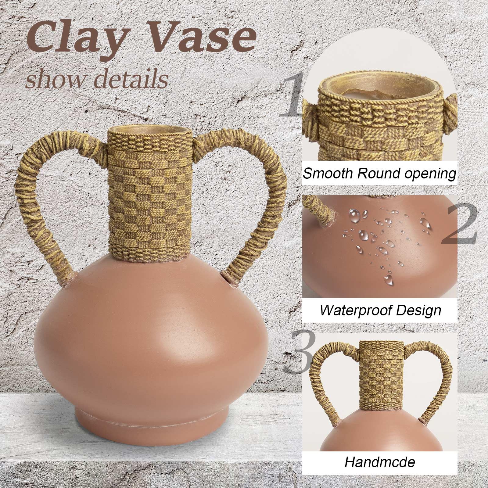 Terracotta Vase Decor with 2 Handles, Rustic Farmhouse Ceramic Flower Vase, Vintage Decorative Pottery Vase for Home Dining Table,Living Room,Shelf,Mantel,Kitchen,Office