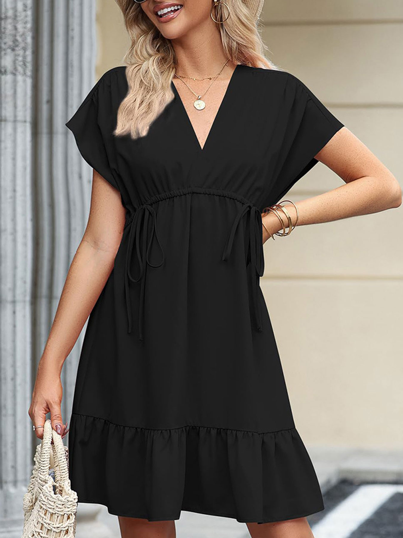 TK077 V-neck Ruched Ruffle Hem Dress, Elegant Short Sleeve Loose Solid Color Dress For Spring & Summer, Women's Clothing