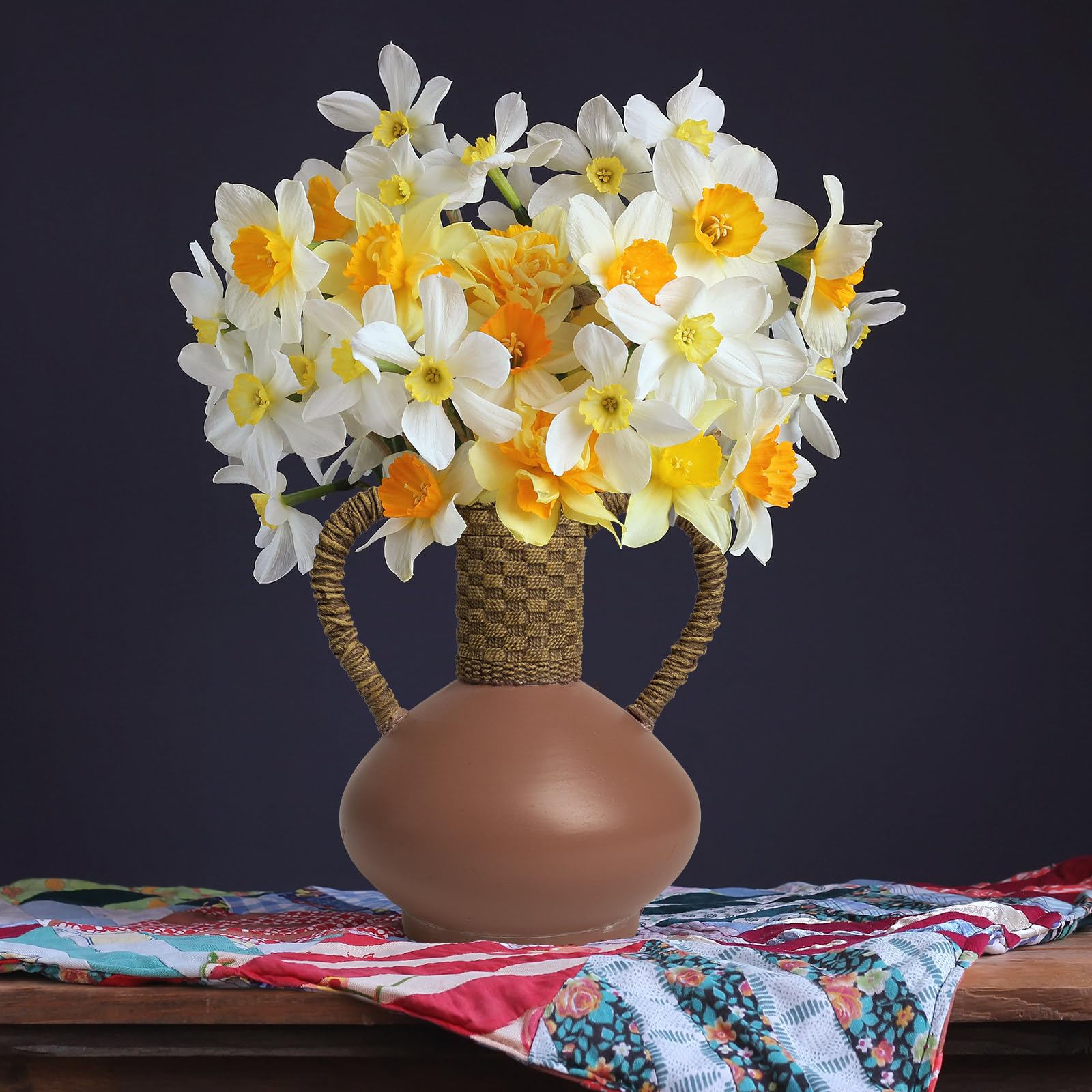 Terracotta Vase Decor with 2 Handles, Rustic Farmhouse Ceramic Flower Vase, Vintage Decorative Pottery Vase for Home Dining Table,Living Room,Shelf,Mantel,Kitchen,Office