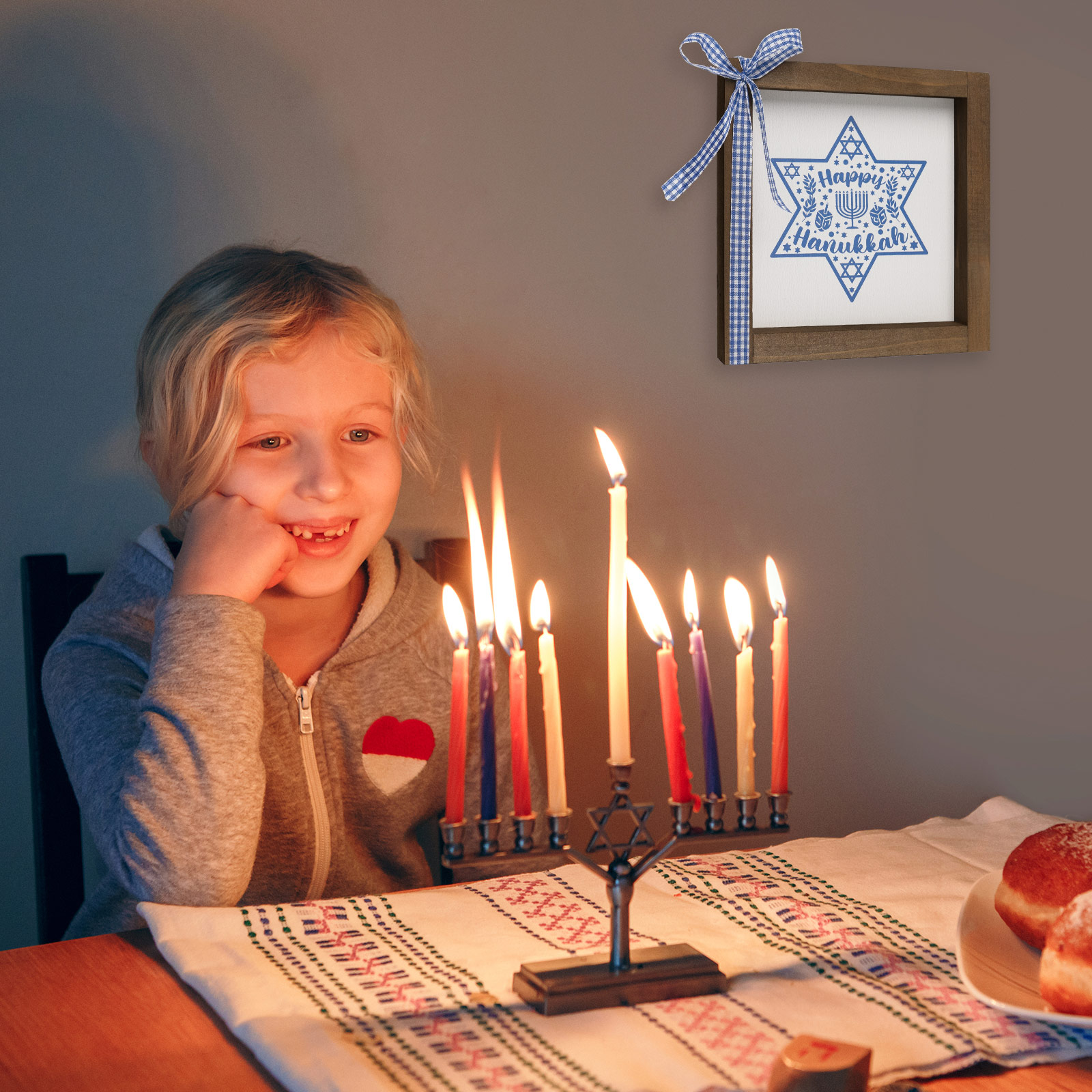 Happy Hanukkah Sign, Hanukkah Decorations for Home, Wooden Chanukah Wall Decor, Star of David Tiered Tray Desk Shelf Decor