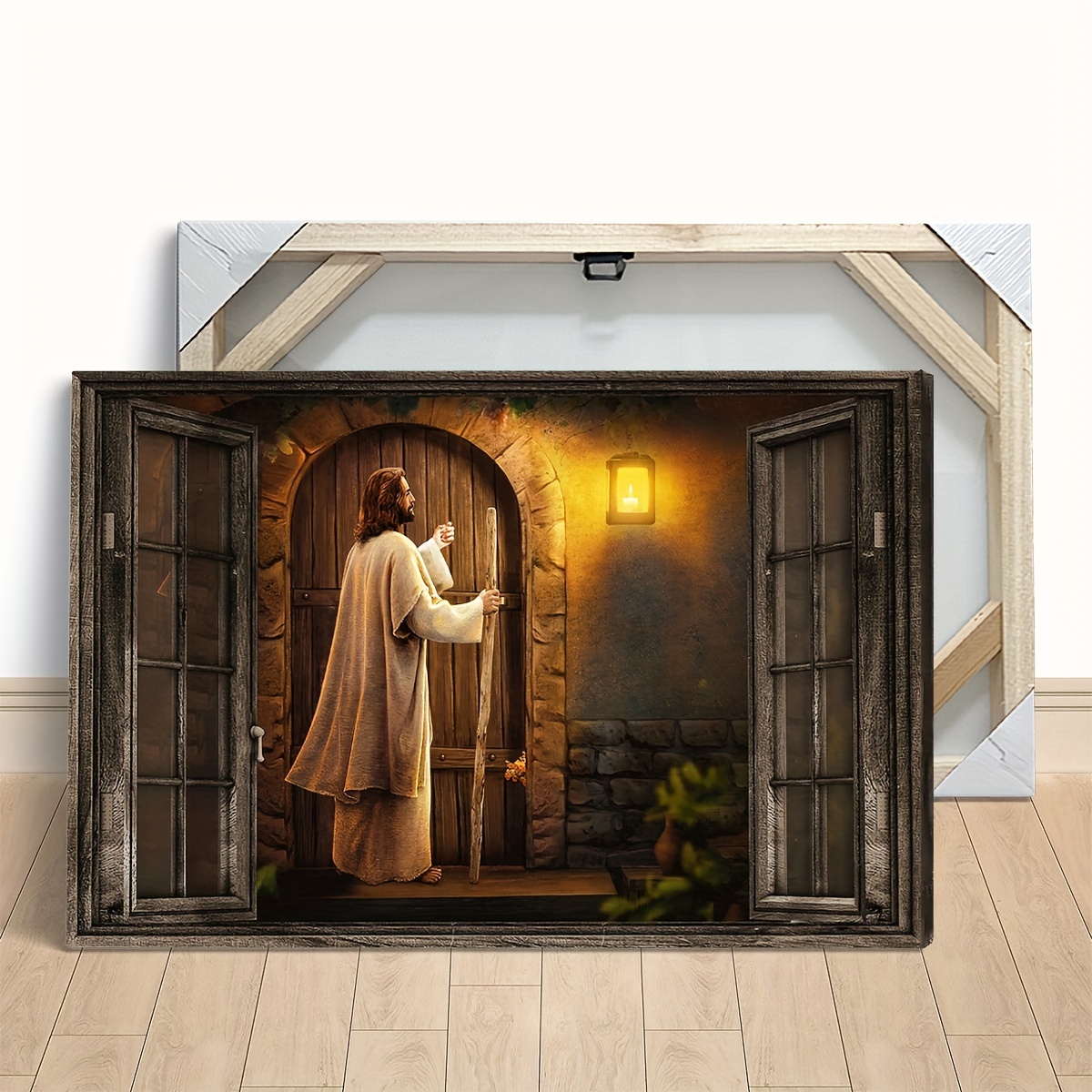 1 piece canvas painting with wooden frame, ready to hang, religious art, god landscape canvas painting, god knocking on the door landscape canvas print, ideal gift for bedroom living room hallway, wall art, wall decor, winter decor, room decor