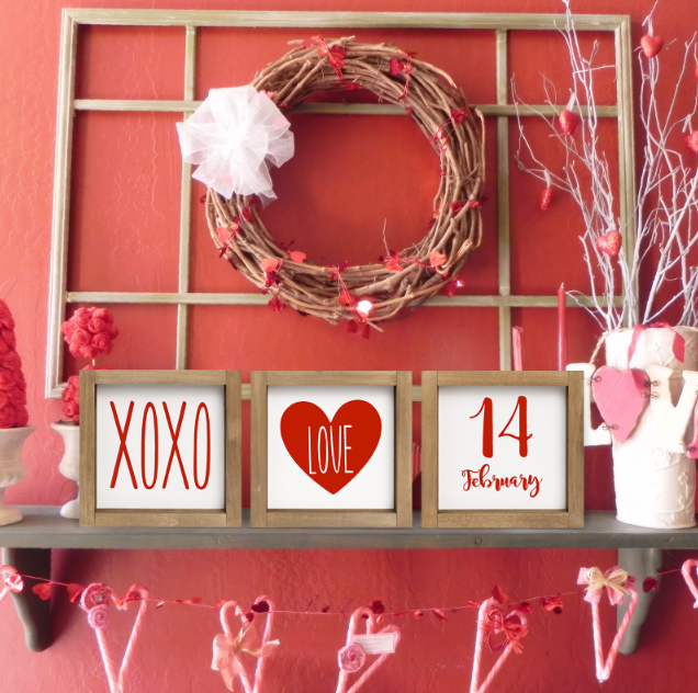 Set of 3 Valentines Day Sign Decor, Wooden Framed XOXO Love February 14th Valentine's Day Decoration for Home Table Tiered Tray Mantel