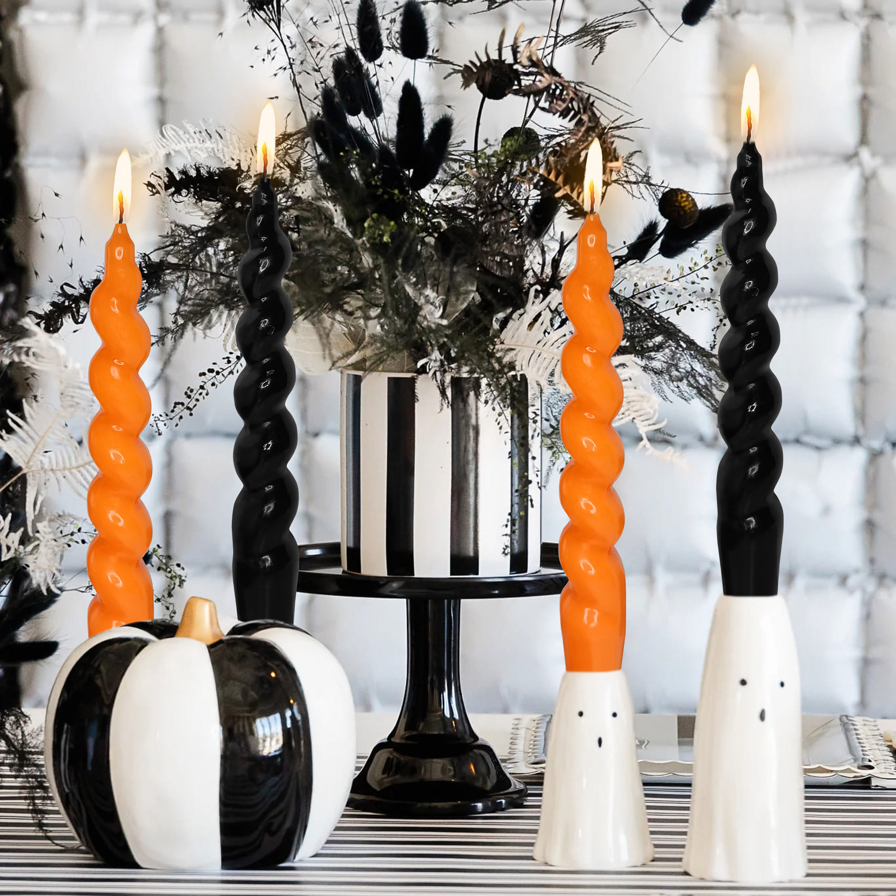 Handmade Christmas Spiral Taper Candles - Unscented Long Candles Orange Black Twisted Candles - 7.5 Inch Candle Sticks for Halloween, Christmas Wedding Dinner Decorations - Set of 6