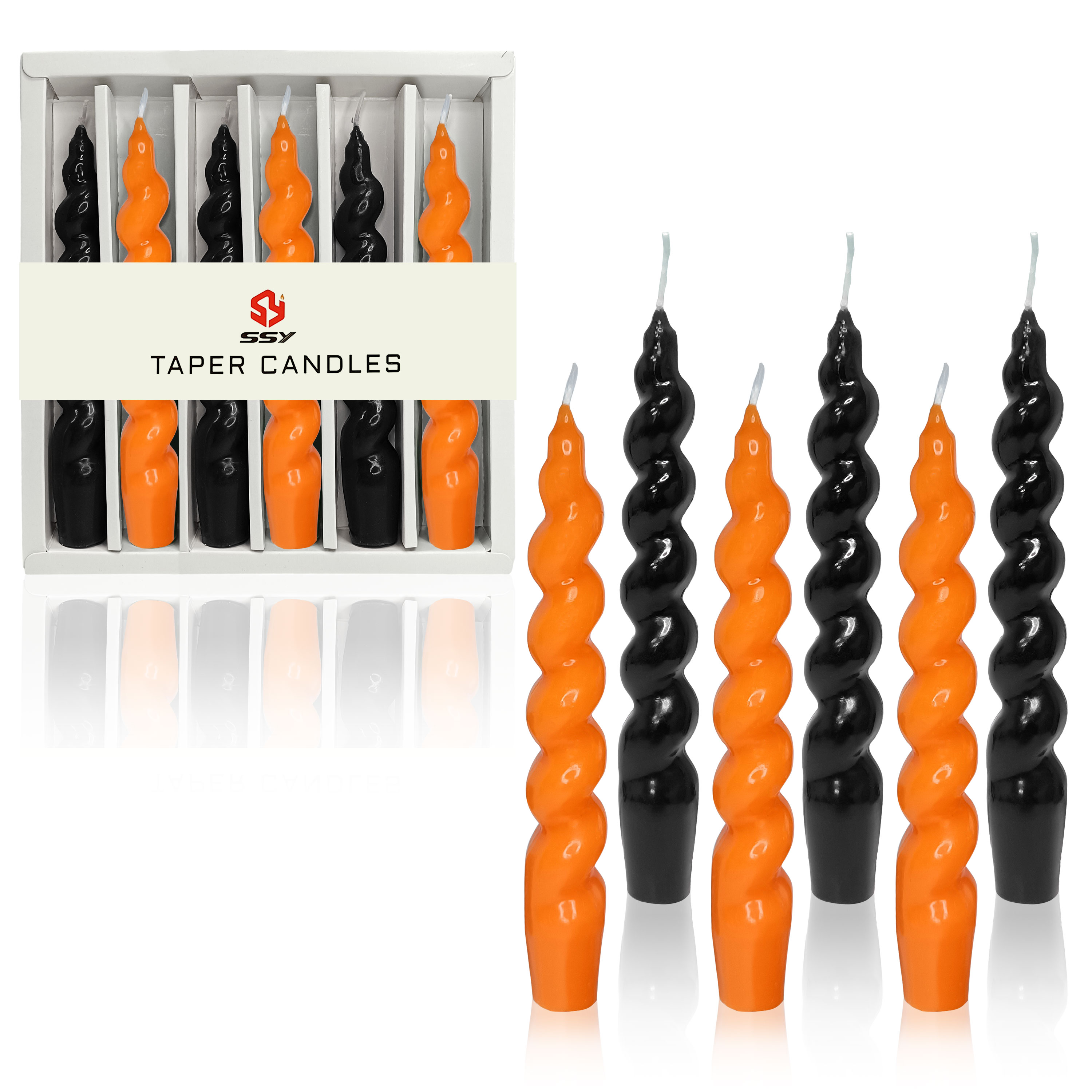 Handmade Christmas Spiral Taper Candles - Unscented Long Candles Orange Black Twisted Candles - 7.5 Inch Candle Sticks for Halloween, Christmas Wedding Dinner Decorations - Set of 6