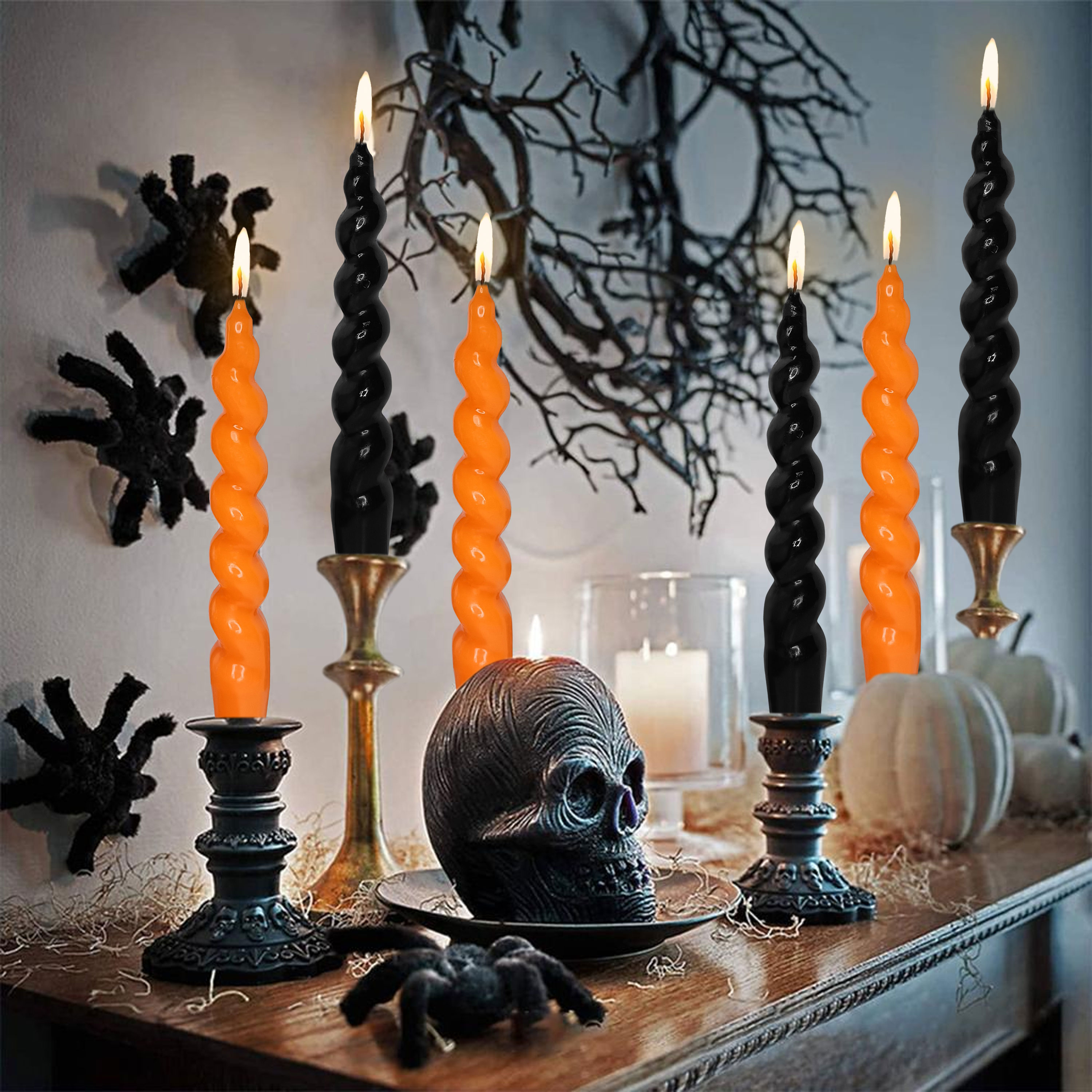 Handmade Christmas Spiral Taper Candles - Unscented Long Candles Orange Black Twisted Candles - 7.5 Inch Candle Sticks for Halloween, Christmas Wedding Dinner Decorations - Set of 6